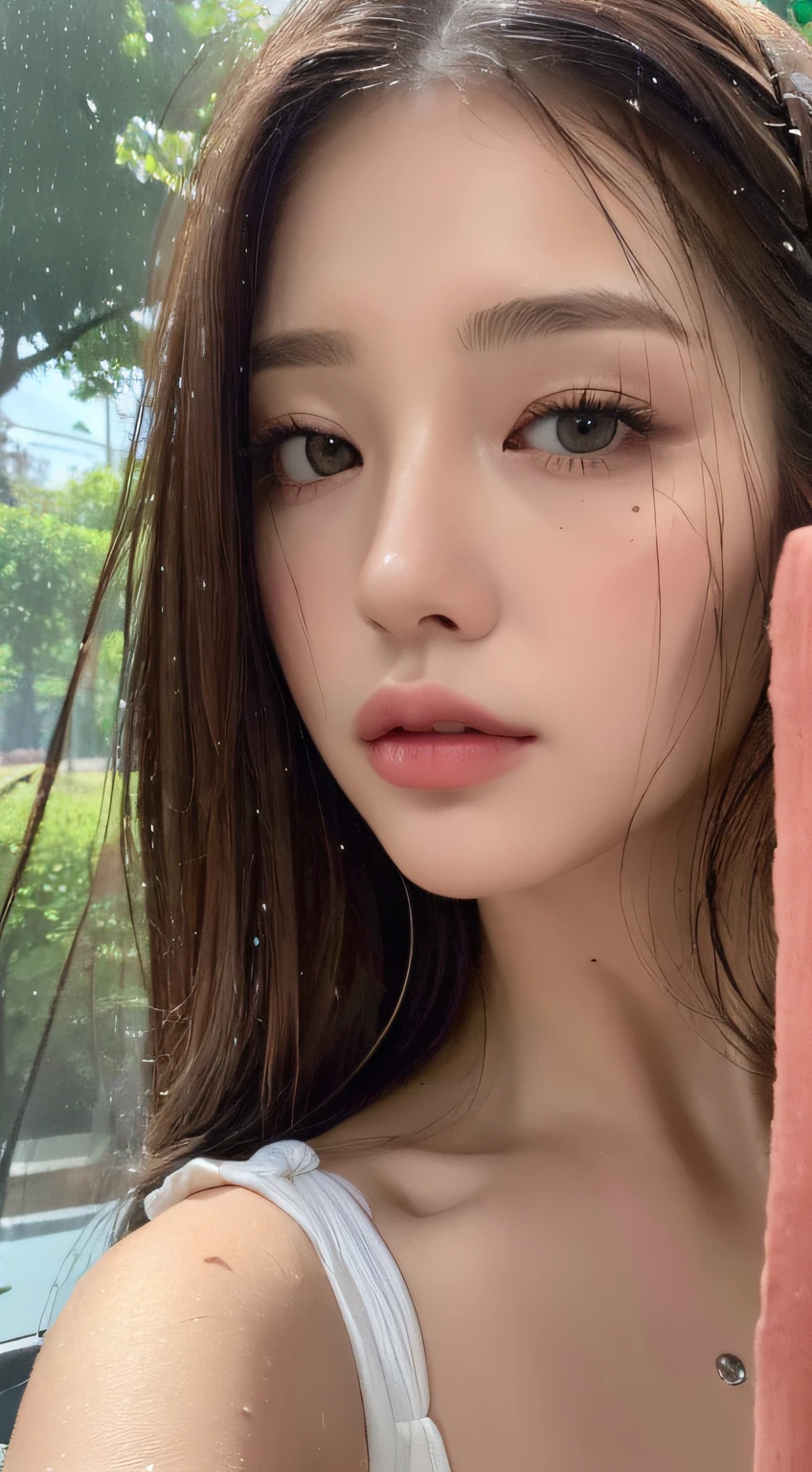 ((Best quality, 8k, Masterpiece :1.3)), pretty woman, 1girl, huge breasts :1.3, slender figure :1.2, dark brown hair, (rain, wet from rain, wet body :1.1), ultra-detailed face, detailed lips, detailed eyes, double eyelid