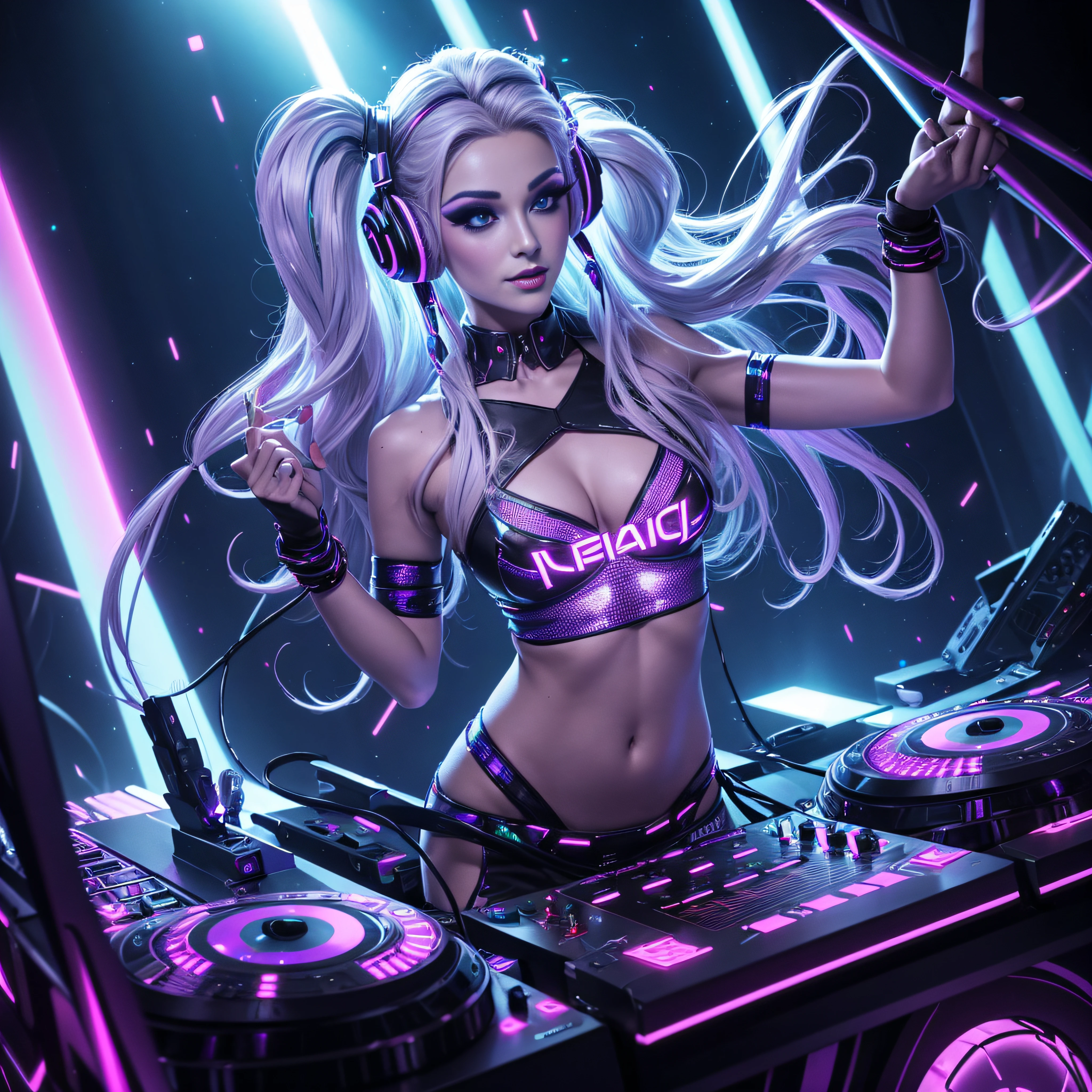 hitech fairy dj drag queen behind the dj table in a hard hard party,long silver hair,large headphones ,thin and long majestic body, playing hitech dj table full of leds and 2 jog wheels ,mesmerizing 8K, (((45-degree angle))), high-quality illustration, dynamic lightings, sharp focus, meticulous character design,