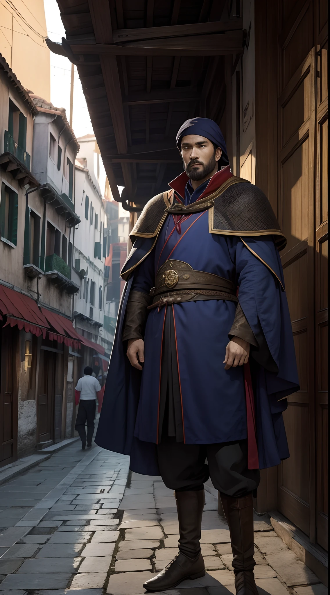 Three venice man, marco polo and two other people , adventurer,13th century,in tiongkok, epic , dark background