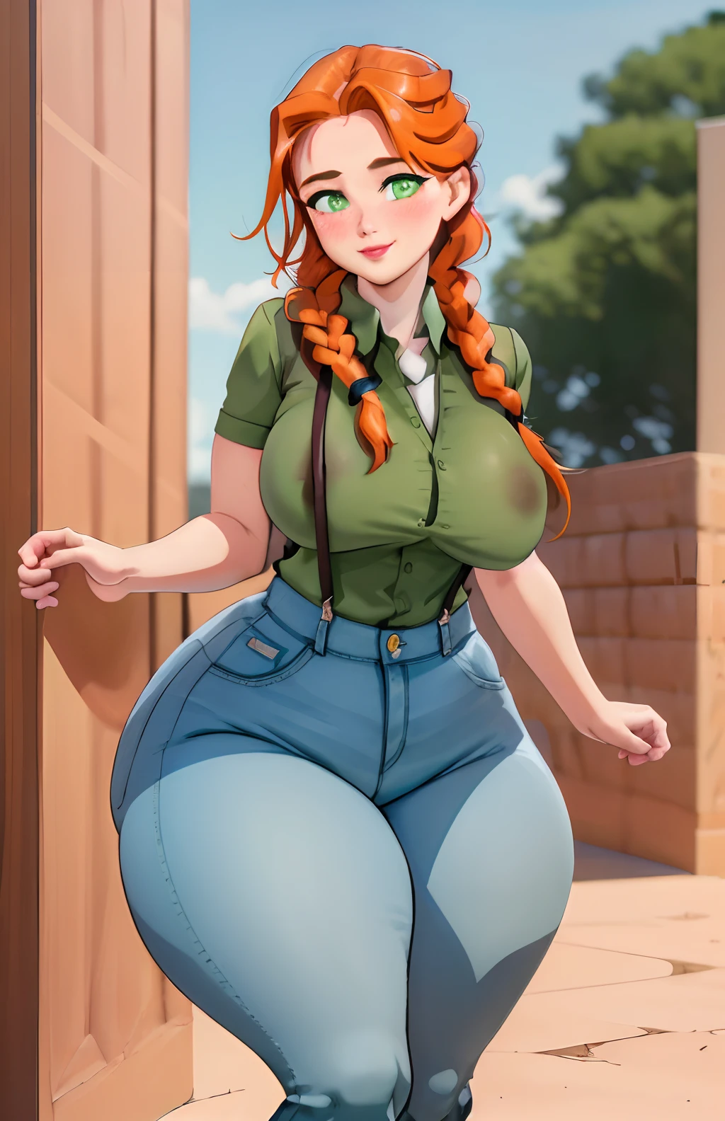 best quality, (masterpiece),(ultra-detailed), (high quality), (high resolution), 1girl, blush, boots, braid, breasts, brown footwear, collared shirt, denim, green eyes, green shirt, holding, jeans, knee boots, leah, lips, lipstick, long hair, mature female, multiple views, orange hair, short sleeves, simple background, single braid, smile, solo, suspenders,