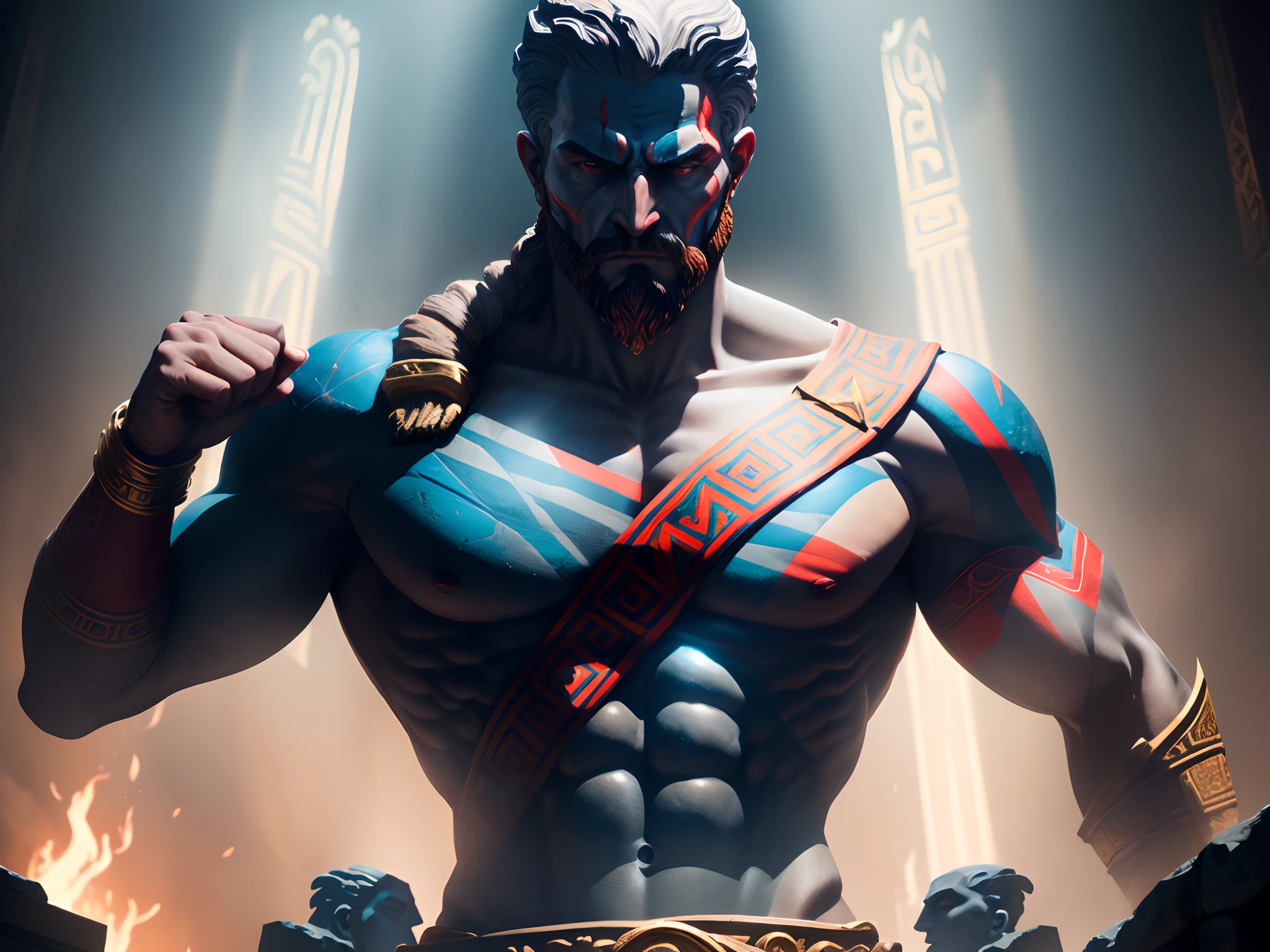 Project an inspiring 8K image capturing the intellectual depth of a prominent figure from ancient Greece in the 3rd century to.C., depicted as a statue within a scene that echoes the immersive and atmospheric style of 'God of War'. Set the stage with the statue surrounded by shadows and illuminated by epic lighting, Conjuring an atmosphere of epic contemplation.