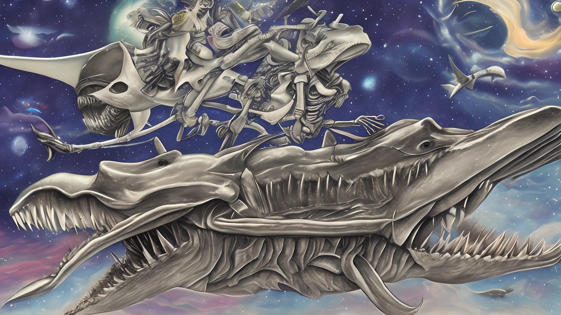 Skeleton riding a shark in a galaxy