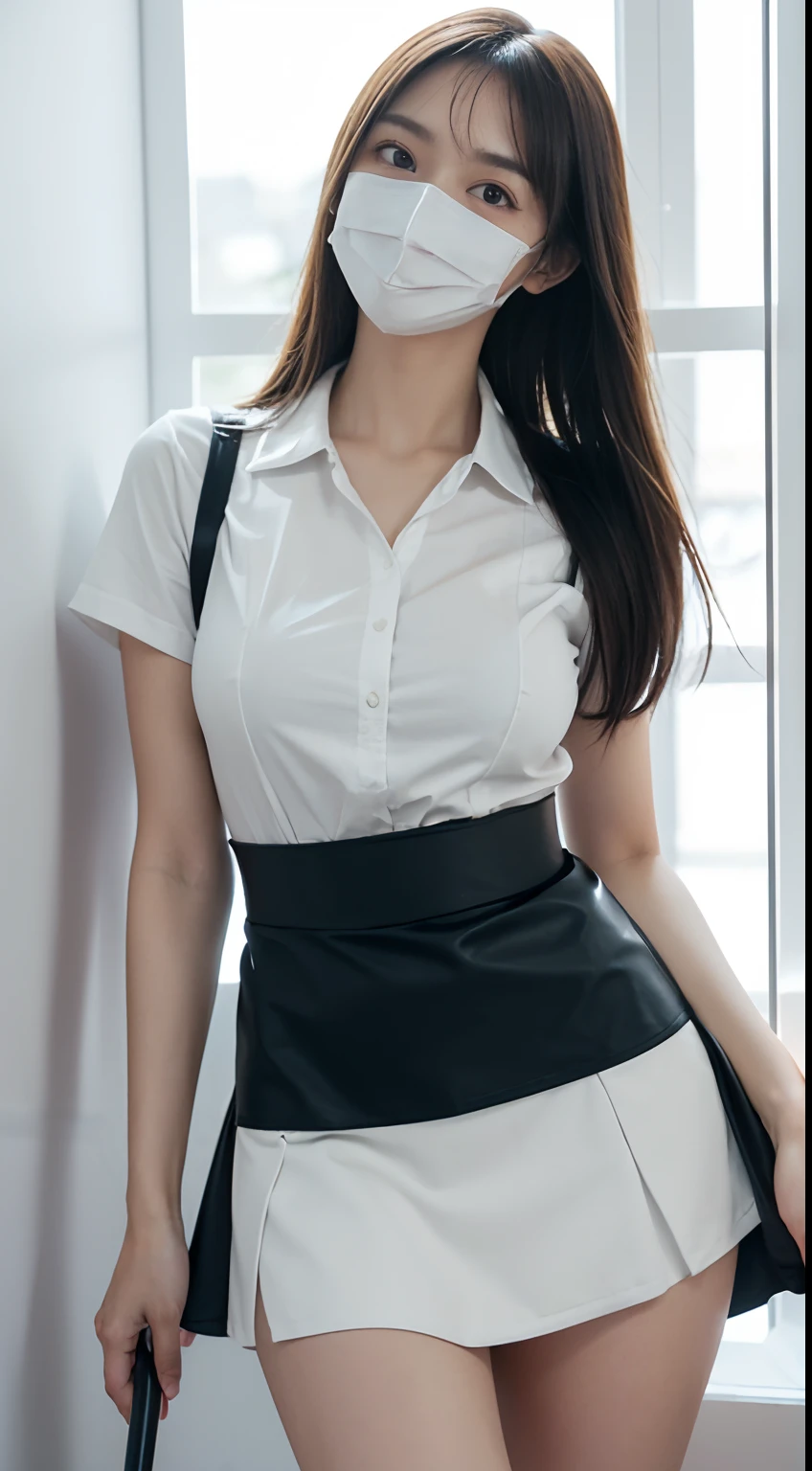 (Clear Line:1.1, Stylish illustrations:1.2, clear and beautiful:1.2), (Elaborated her hand), (Detailed her fingers), (Detailed her arms), ((Black Apron, Light grey shirt, White latex panties, White Mouth Mask)), She is a young housekeeper dispatched to a housekeeping service. she is about 20 years old. She has a stick cleaner and、、Cleaning the room. The room is cluttered. The window is open. She has light brown medium hair、Bangs are asymmetrical. She has a slender face, cute large eyes, White Mouth Mask,vacuum cleaner、Cleaning break she is simple, Unadorned black apron. Because her apron is so short、I see her crotch in front of me. She wears a collared, Short Sleeve Light Grey Shirt and Low Rise White Latex Panties. She is minimalistic, Monotone fashion. Her tall, kindly smile. She will get to work soon. Her massive breasts protrude slightly from a black cotton apron. You can see her very tiny white latex panties and her beautiful thighs. She has very long legs, Engaging and intelligent. Bare arms, little sweat, ((White Mouth Mask)), All White Room, White wall, Stylish monochrome interior, (Hentai), (pantyshot), ((Super Complex Blue Sapphire Round Big Eye)), Detailed blue eyes, (Eye Highlights:1.3), makeup, gently smiling, Very very short apron, Black Apron, Low-rise latex panties, Tiny white panties, Slender body, Large chest, Crotch area, (Cameltoe), From below, low-angle view, Looking down, blush:0.7, ((White Mouth Mask)), ung girls, Solo, window. day, Holds the stick cleaner, Short sleeves, Light grey shirt, Bare arms, (((masutepiece))), (((Best Quality))), ((Ultra-detailed)), ((Illustration)), ((Ultra-detailed)), (Beautiful detailed eyes), Ultra-detailed eyes,((Twisting the skirt:1.4))、Pussy、tits out、large full breasts、cleavage of the breast、SEX