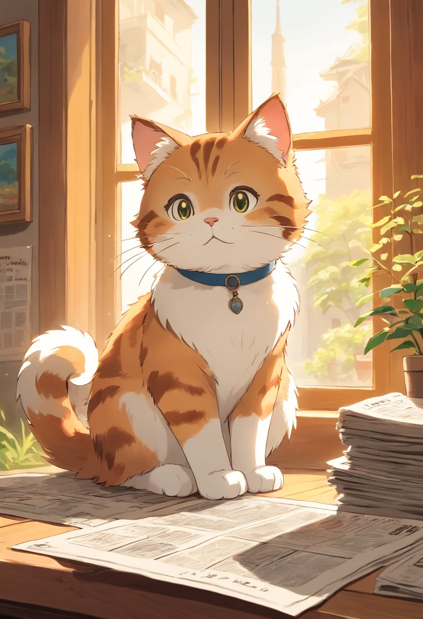 A round-eyed cute cat,Read the newspaper, Sunlight outside the window，Tabby cat