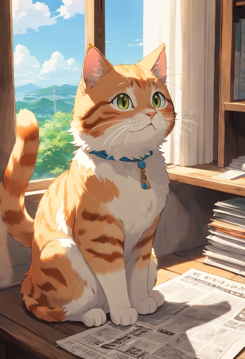 A round-eyed cute cat,Read the newspaper, Sunlight outside the window，Tabby cat