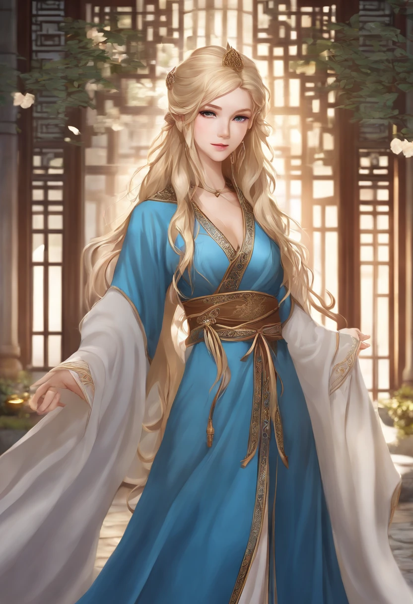 Blue dress blonde long hair anime girl,Robe, , detailed long blond hair, long hair girl, A flowing robe, cabellos largos dorados, long and flowing hair, Long flowing hair, Anime girl with long hair, Flowing blue robe，Elven girl，elvish ears，Background of ancient Chinese architecture，Back shadow，Ancient Chinese architectural background，Full body like，Side Body，Tai Chi pattern，Gossip pattern