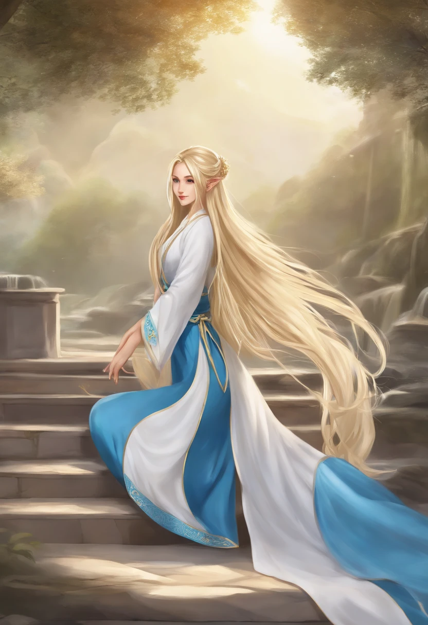 Blue dress blonde long hair anime girl,Robe, , detailed long blond hair, long hair girl, A flowing robe, cabellos largos dorados, long and flowing hair, Long flowing hair, Anime girl with long hair, Flowing blue robe,Elven girl,elvish ears,Background of ancient Chinese architecture,Back shadow,Ancient Chinese architectural background,Full body like,Side Body,Tai Chi pattern,Gossip pattern