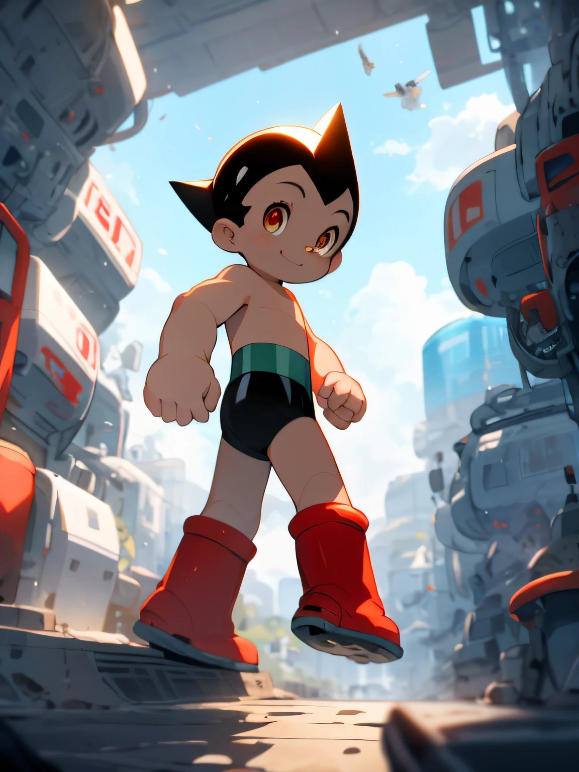 Shota，Astro Boy, walking down futuristic city, day time, looking at viewer, smiling, red boots,