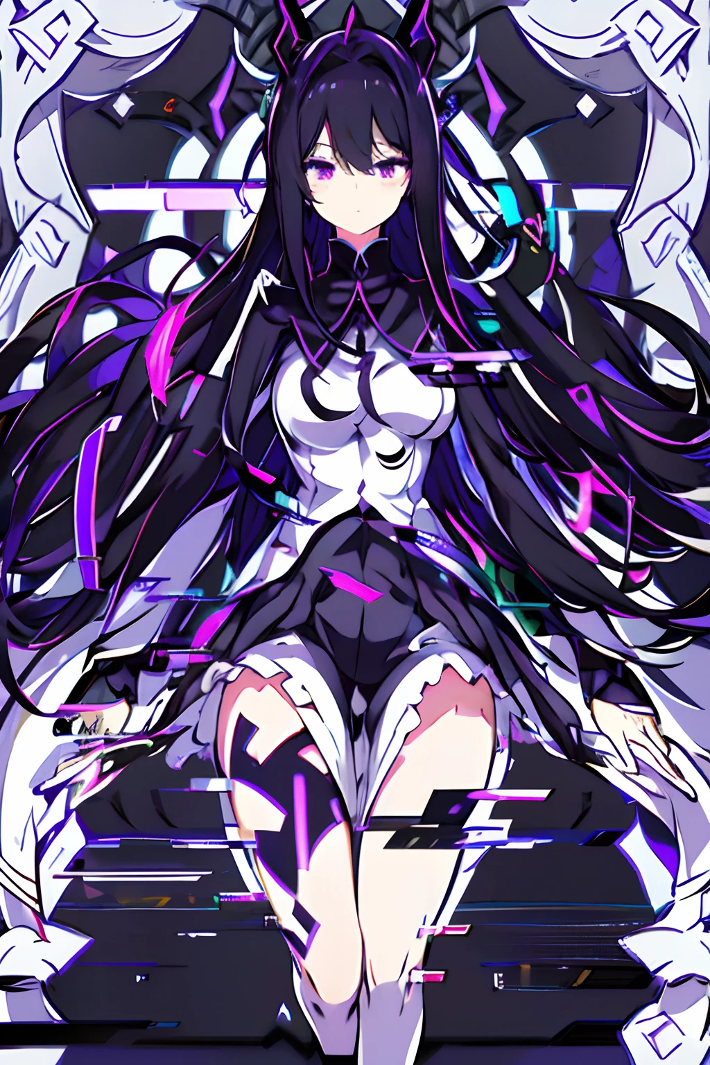 ghostrickscb,Glitching, glitch,4k, vintage vhs glitch,white black gradient background,homura akemi, black dress, black angel wings,captivating presence, powerful aura, fierce intensity, cinematic portrait, intricate linework