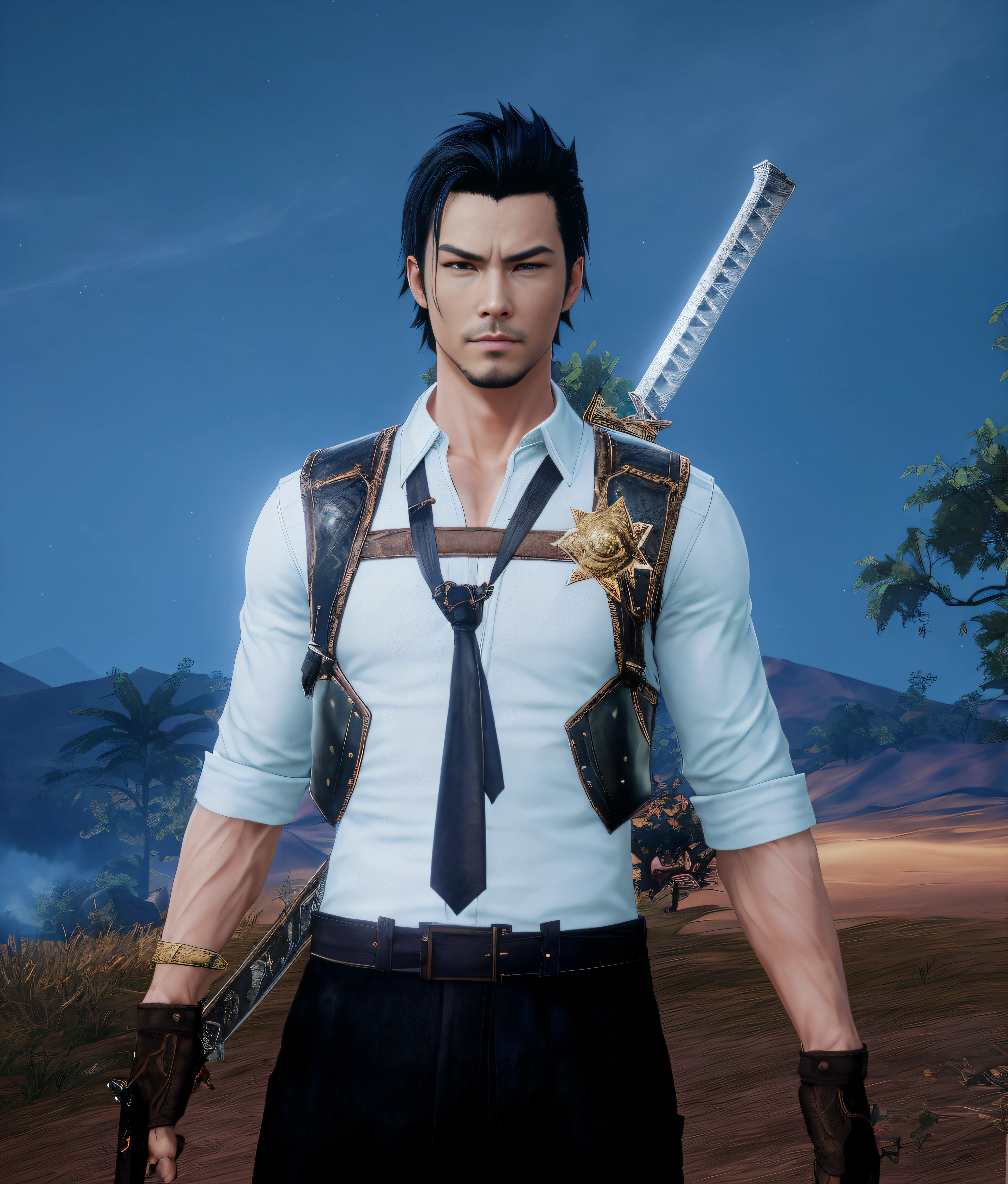 there is a man with a sword standing in a field, 8 k character details, main character, new character, male character, ingame image, full character, as a character in tekken, picture of an adult male warrior, katana zero video game character, tsurumaki kazuya, highly detailed character, from ncsoft, johnny silverhand