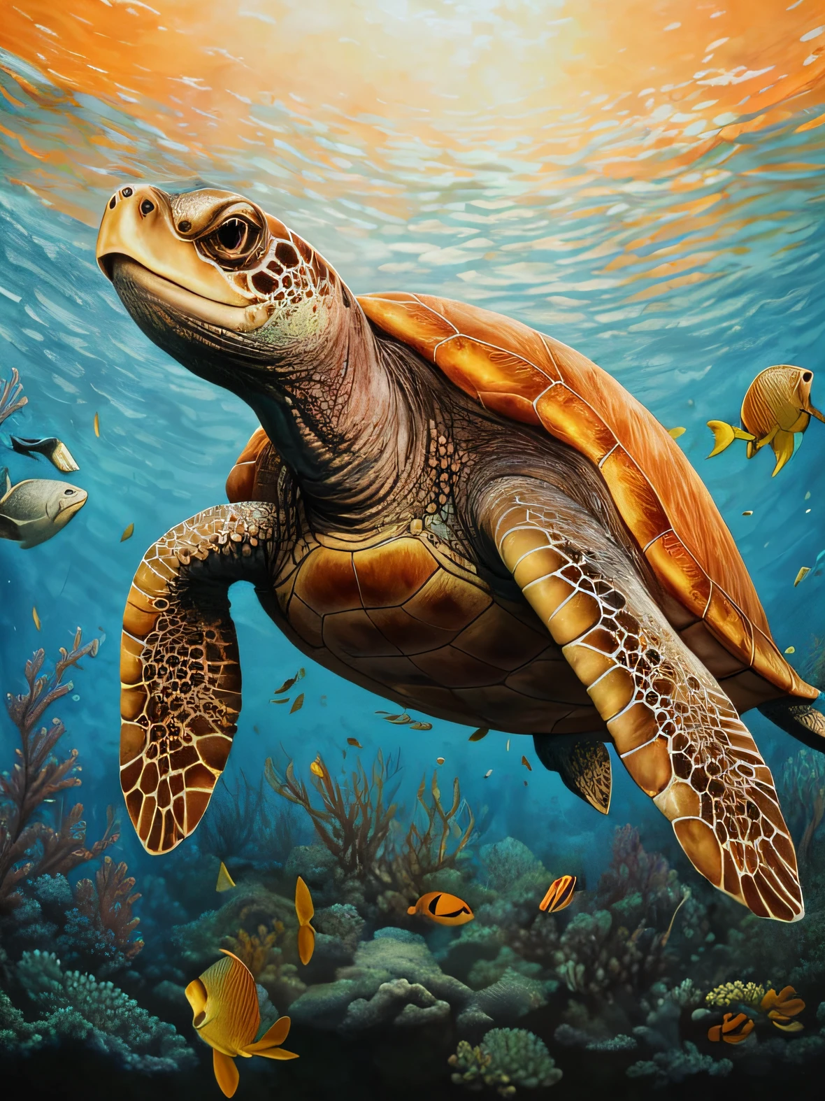 Draw a swim in the ocean with coral and fish, A WORLD, great leviathan turtle, turtle, amazing depth, Detailed sea, plethora of colors,detail-rich, Turtlen, detailed beautiful animals, Ultra detailed paintings, mind-blowing detail, Great Artuine, incredible depth, Highly detailed painting, highly detailed 4 k painting, Old age