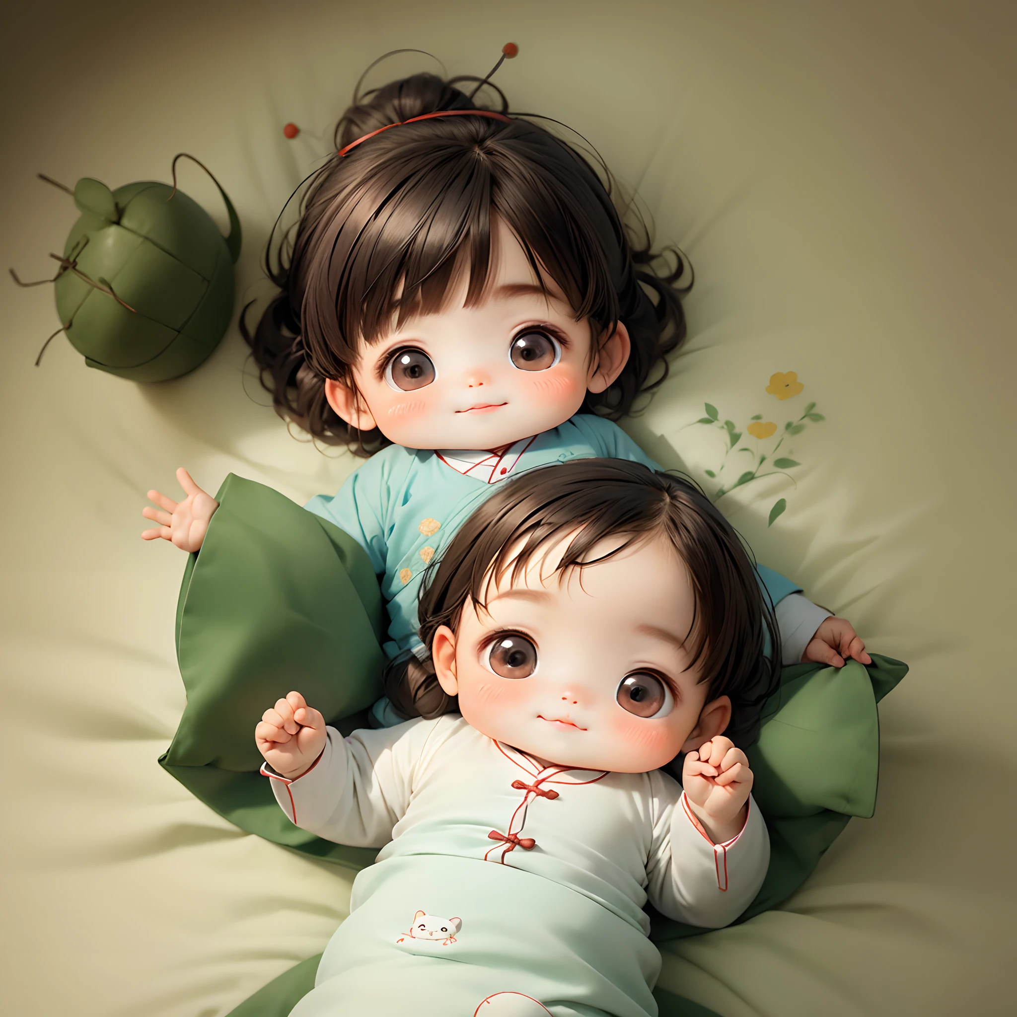delicated,The is lying on the bed,Close-up of happy little babyse style Q version baby,5 months baby