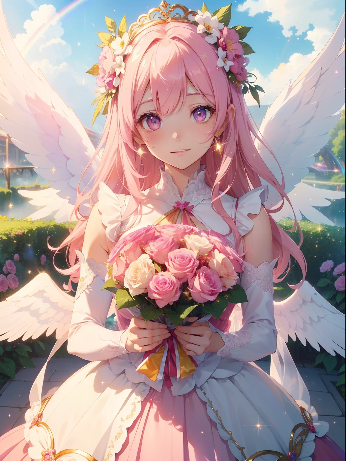 masutepiece, High resolution, 8K, anime woman, Delicate and detailed writing 、Detailed digital illustration、Very long hair and shiny、Bangs、a very beautiful woman、Eyes are double, Large, Bust is D cup、High image quality, High quality、Detailed background、(((Wearing idol clothes)))、((Colorful flower garden、Very beautiful background of clouds and rainbow in the sky))、(The inside of the eye shines like a diamond、Light pink hair、Gradient pupil、(((2 arms、4 fingers, 1 thumb)))、Detailed female face、Very beautiful and cute woman、、细致背景、​masterpiece、Soft Focus , Bright gradient watercolor , Lens Flare , (((Glitter))) , Glow , Dreamy , 、Less exposure、Nothing at hand、Idol、Pink ribbon、Very beautiful red rose hair accessories、Pink and gold outfit、White is the main costume、((Laughing))、((Macro for the eyes))、Happy、A lot of colorful balloons are flying、(((Angel White Wings)))、(((Colorful bouquet in both hands)))