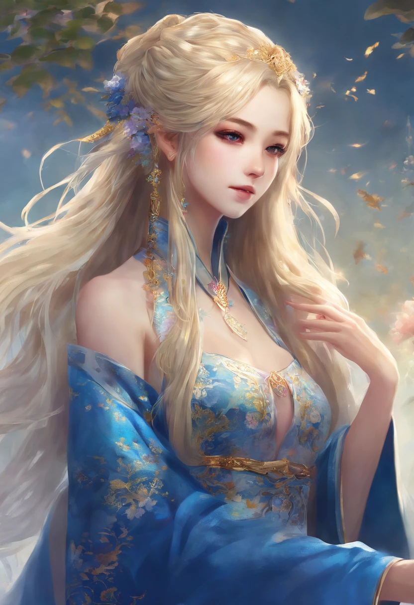 Blue dress blonde long hair anime girl,Robe, , detailed long blond hair, long hair girl, A flowing robe, cabellos largos dorados, long and flowing hair, Long flowing hair, Anime girl with long hair, A flowing blue robe,Elven girl,elvish ears,Background of ancient Chinese architecture,Back shadow,Ancient Chinese architectural background,Full body like,Side Body,Tai Chi pattern,Gossip mode