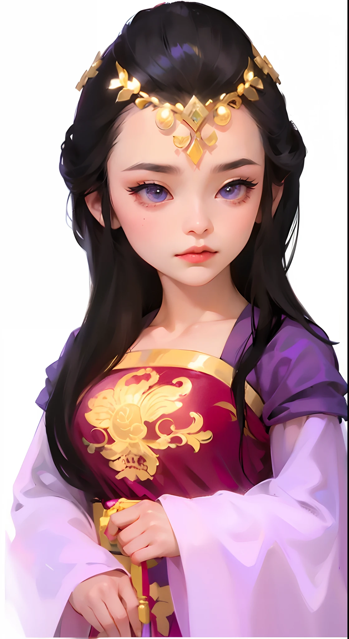 Masterpiece, Black color hair,Purple skirt,big beatiful eyes,Cartoony, Redlip, Forehead decoration, Best, Night, full moon, 1 female, Mature woman, Chinese style, Ancient China, sister, Royal Sister, Cold face, Expressionless, Woman with long black hair, Light pink lips, calm, Intellectual, Three bangs, With gray eyes, assassins, Long sword, swordsman, Fighting, Street view, Facial details, Perfect body, Beautiful body