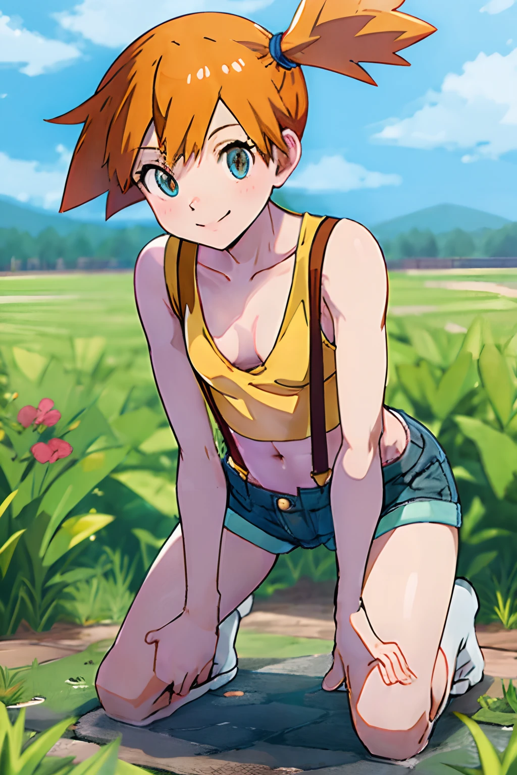 masterpiece, best quality, highres, 1girl, misty (pokemon), orange hair, solo, shorts, suspenders, side ponytail, orange hair, midriff, yellow crop top, navel, short hair, denim, denim shorts,, smile, cowboy shot, outdoors, small breasts, Externally expanded Chest, ((((on all fours)))), ((downblouse)), sticking out her ass