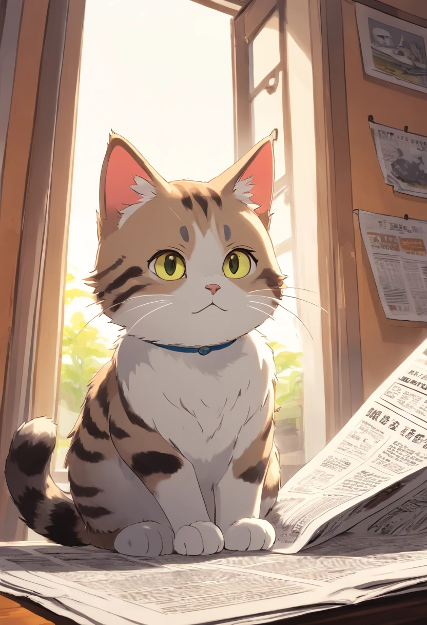 A round-eyed cute cat,Read the newspaper, Sunlight outside the window,Black and white tabby cat,Lazy,Love to be coquettish
