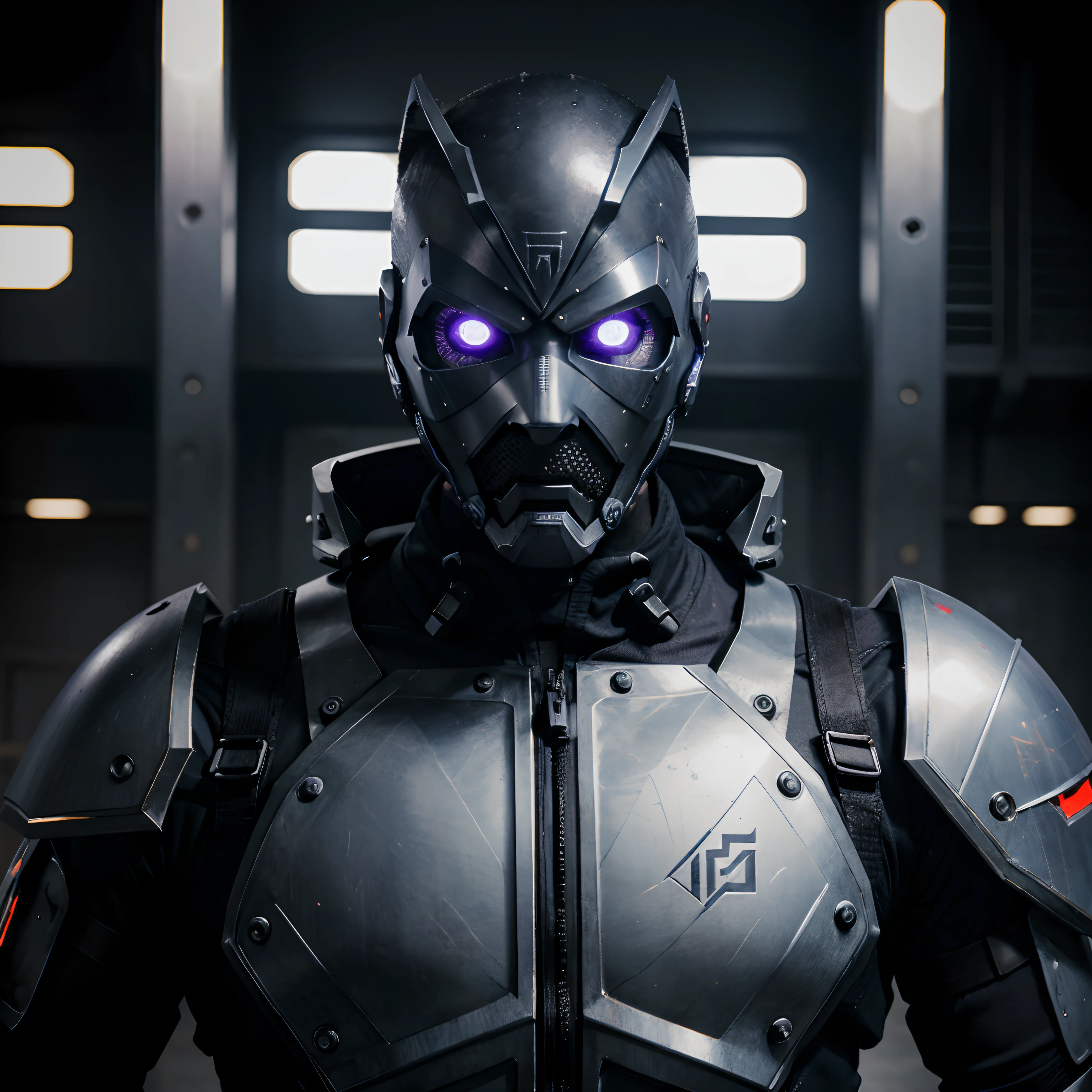 cyberpunked male people Half body machine cyborgs Full Metal Mask Near Future Ninja Awesome Assassin Purple tone Lonely high Killing Machine Best Quality finely detail German Expressionist tone Evil charisma