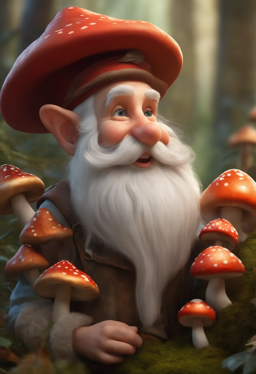 (highres:1.2),gnome,humoristic,photo-realistic,tall pointed hat,bushy white beard,playful expression,small,pointed nose,cheerful eyes,holding a can of mushrooms,surrounded by colorful mushrooms,magical forest background,soft natural lighting