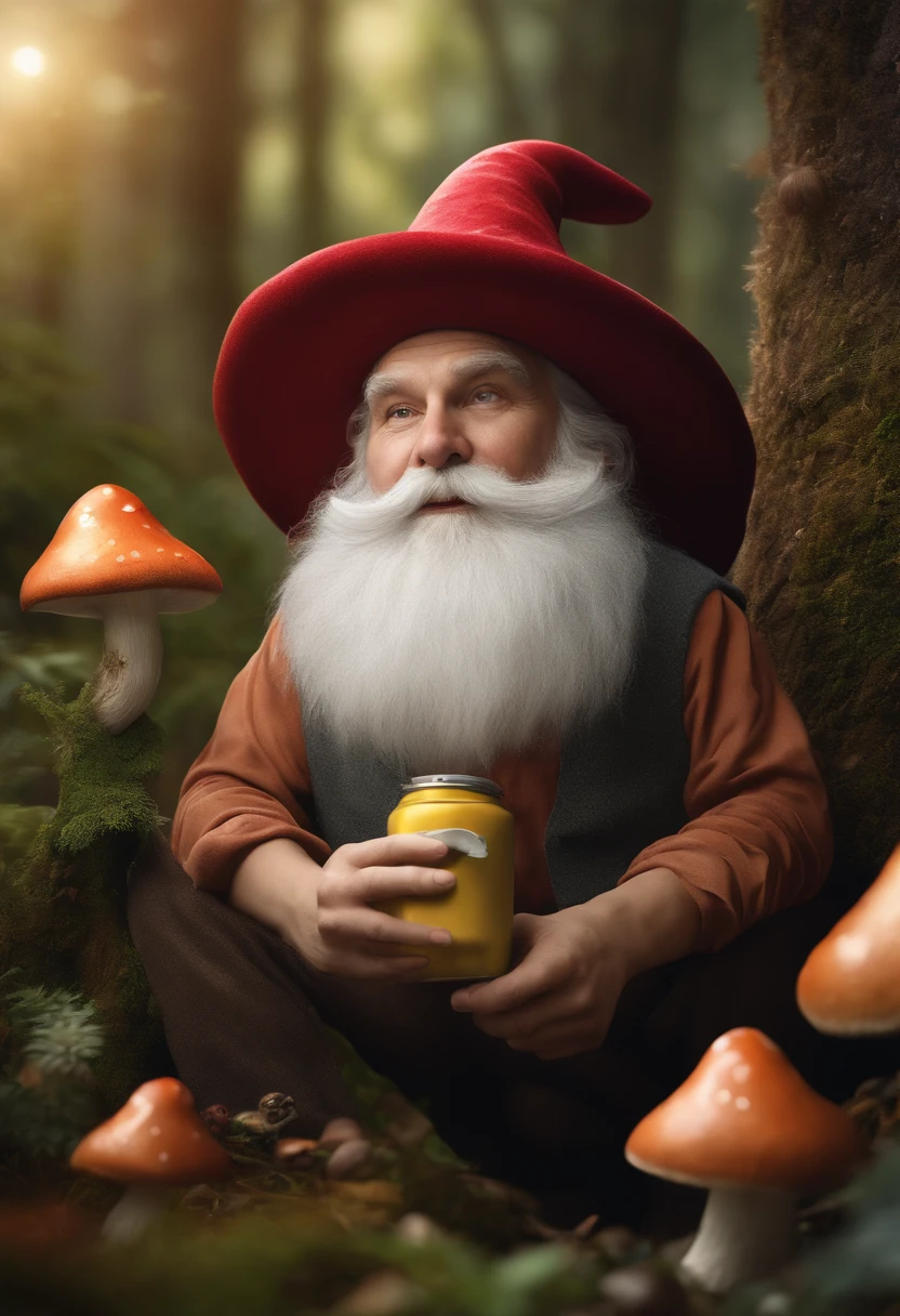 (highres:1.2),gnome,humoristic,photo-realistic,tall pointed hat,bushy white beard,playful expression,small,pointed nose,cheerful eyes,holding a can of mushrooms,surrounded by colorful mushrooms,magical forest background,soft natural lighting