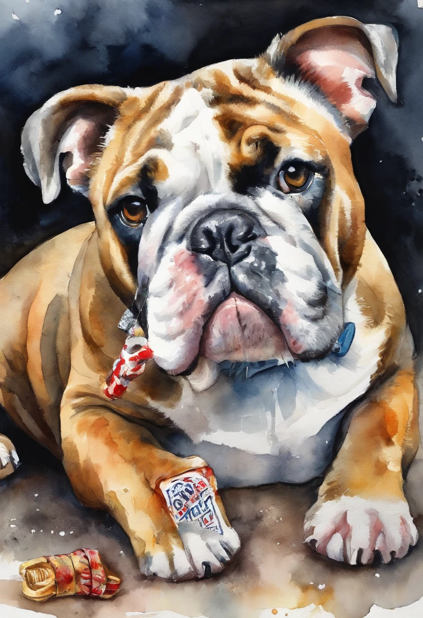 Make an English Bulldog Merle with pacifier in mouth, holding a little bone in his hand, gun