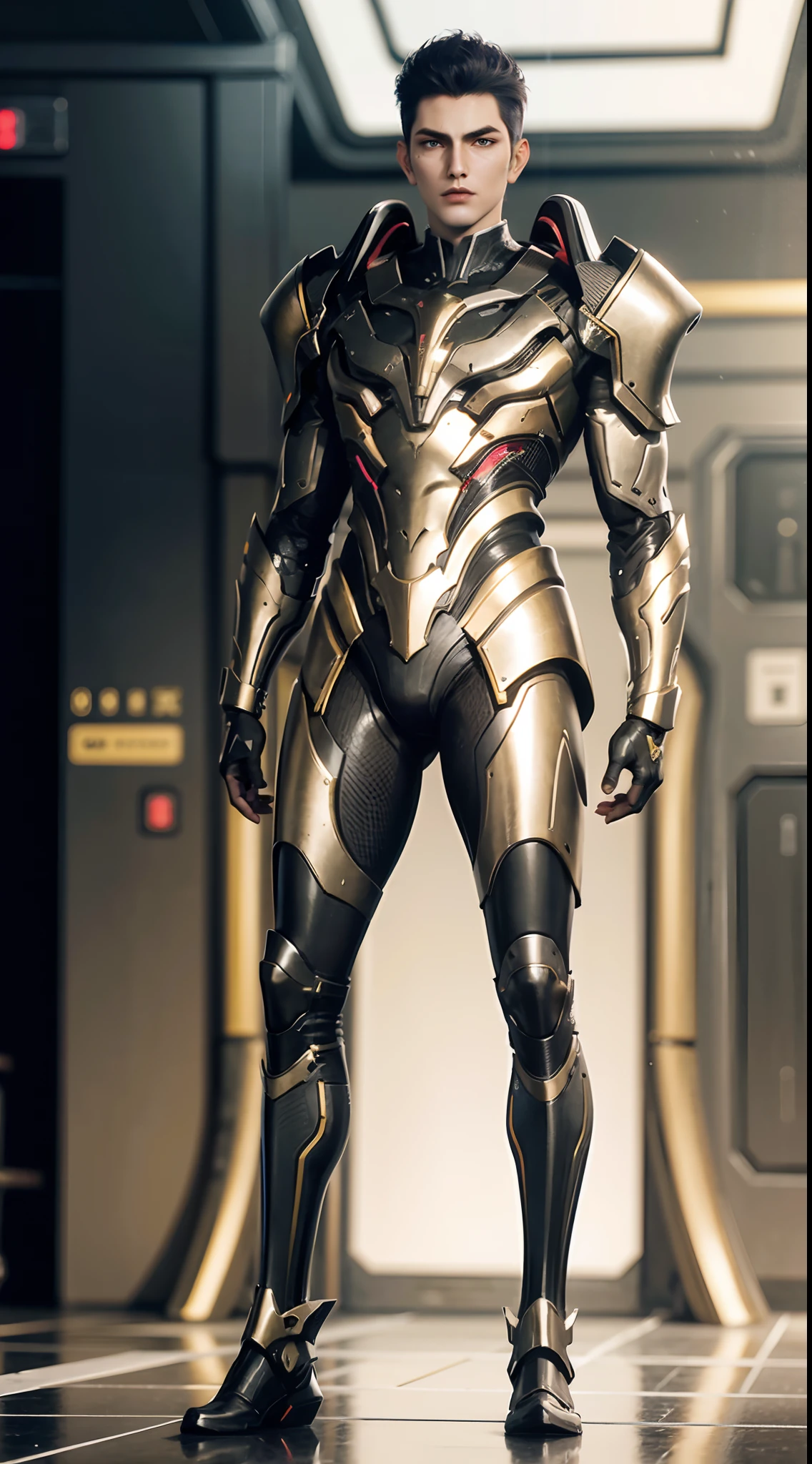 a man in a suit with a futuristic look on his face and chest, with a futuristic helmet on, (1boy:0.630), (black hair:0.728), (golden heavy armor:0.923), (blurry:0.915), (blurry background:0.579), (blurry foreground:0.619), (depth of field:0.771), (letterboxed:0.805), (looking at viewer:0.601), (male focus:0.786), (mecha:0.605), (realistic:0.758), (solo:0.839), (full body:1)