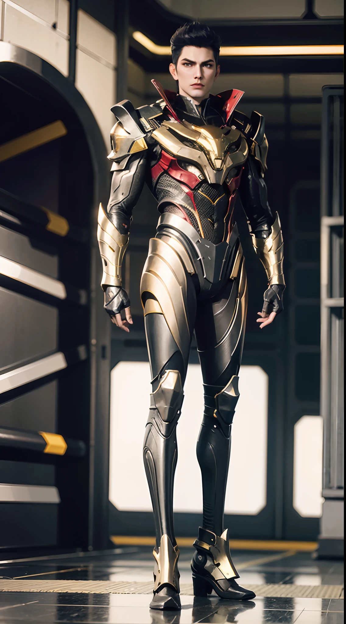 a man in a suit with a futuristic look on his face and chest, with a futuristic helmet on, (1boy:0.630), (black hair:0.728), (golden heavy armor:0.923), (blurry:0.915), (blurry background:0.579), (blurry foreground:0.619), (depth of field:0.771), (letterboxed:0.805), (looking at viewer:0.601), (male focus:0.786), (mecha:0.605), (realistic:0.758), (solo:0.839), (full body:1)