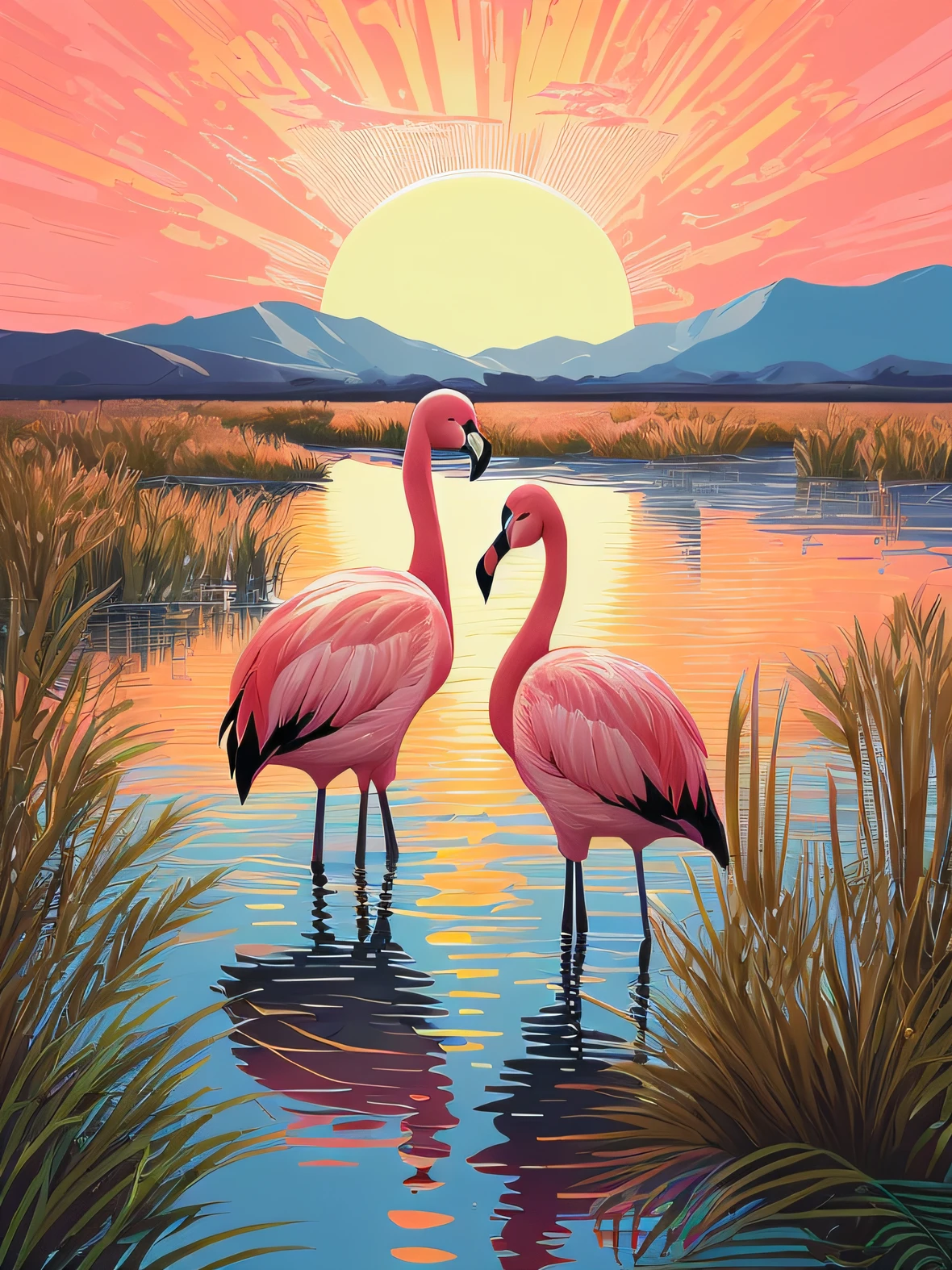 Painting of two flamingos standing in the water，The background is sunset, flamingo, flamingo, Laurent Durieux, large twin sunset, John Banovich, Pink sunset, author：Joe Mangalum, Sunset glow, flamingo, author：Tim Doyle, author：an illustration of by David B. Mattire, pink golden hour, Pink reflections, jen bartel