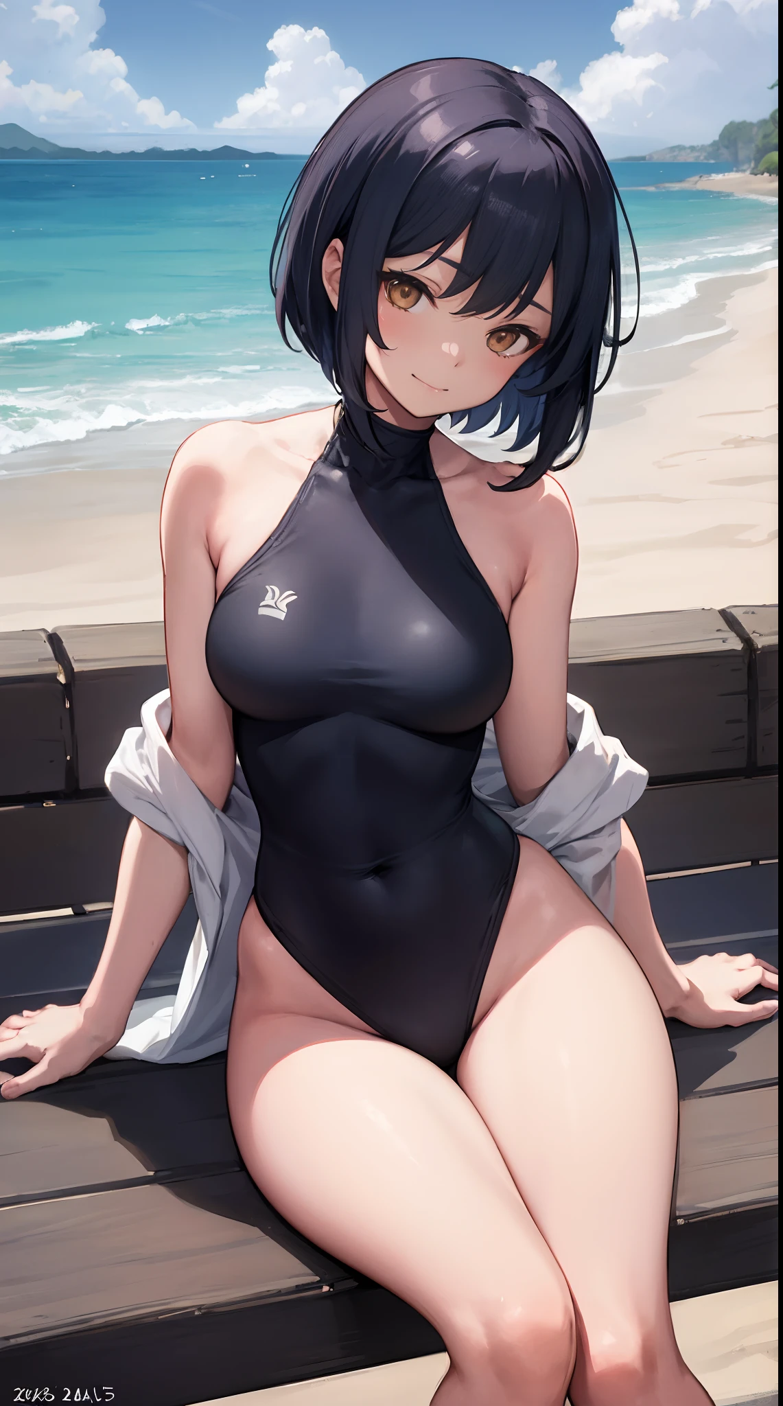 Kujou Sara| genshin impact, master-piece, bestquality, 1girls,25 years old, proportional body, proportional., Water set, Fabric swimwear, , ,bara, Beautiful sea, The sky is beautiful, View viewers from the front.,Sitting on the beach, Thigh strap, Head tilt, bored, 10, 10, HD, slight smile,