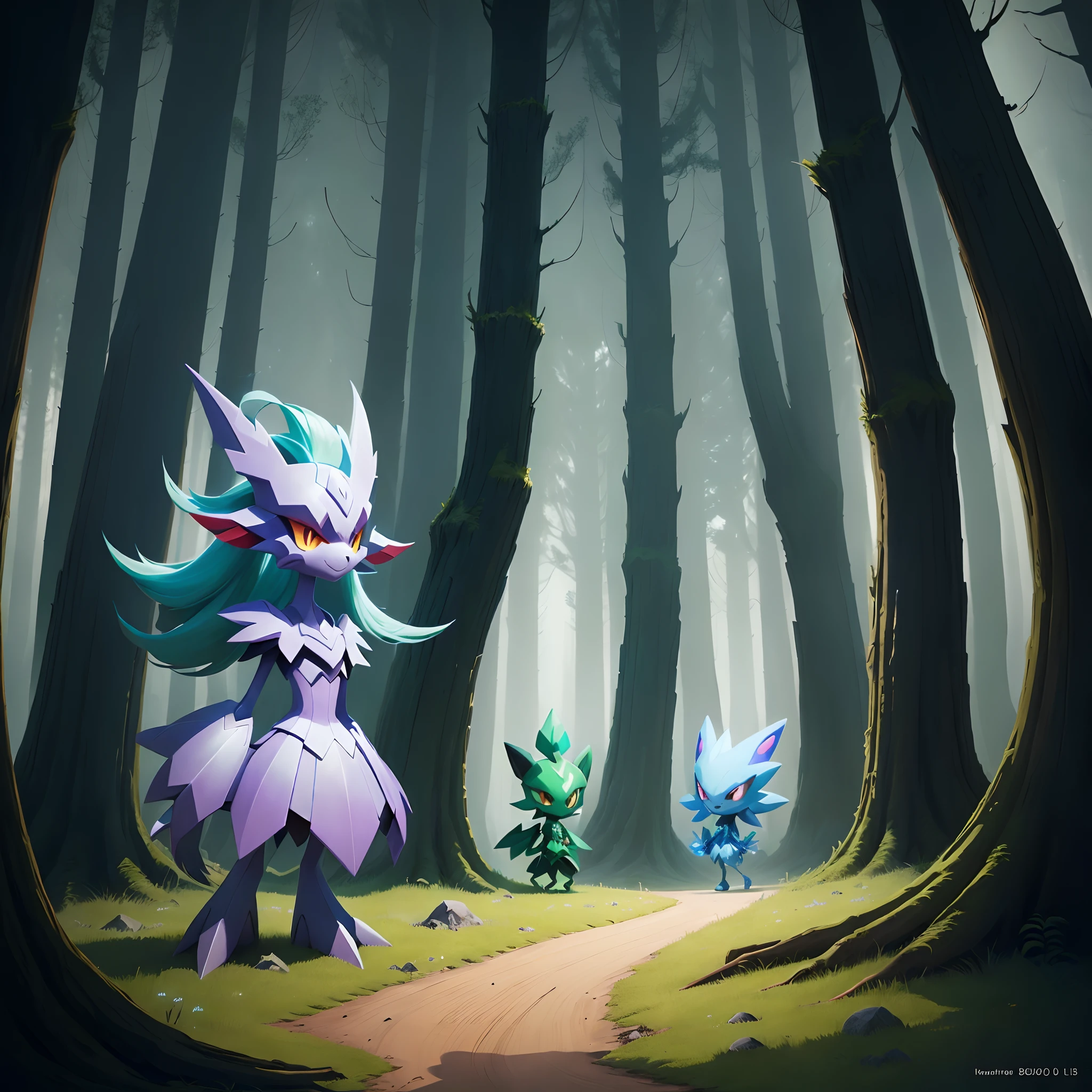 cartoon illustration of a group of small monsters in a forest, alien forest in background, an evil forest, alien forest, stylized concept art, cyber space forest scene, elf forest background, crystal forest, magical fantasy 2 d concept art, painted as a game concept art, in a spooky forest, strange alien forest, enjoying a stroll in the forest, very toonish appearance, very simple design, friendly, pokemon go wallpapers by the artist of the same name, pokemon art style, video game fanart, style of pokemon, pokemon style, with familiar sprites, hylics artwork, video game character design, video game character concept, style of cute pokemon, monster character design, official character illustration, game character design, weird pokemon, detailed fanart, game art!!, official fanart