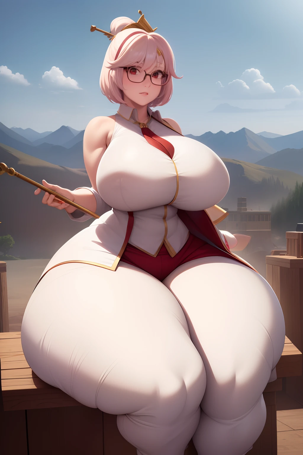 ((extreme detail)),(ultra-detailed), extremely detailed CG unity 8k wallpaper, best quality,  purah_totk, gold hair ornament, hair stick, sleeveless shirt, white jacket, red glasses, looking at viewer, holding, sitting, crossed legs, sky cloud, tree, mountain,