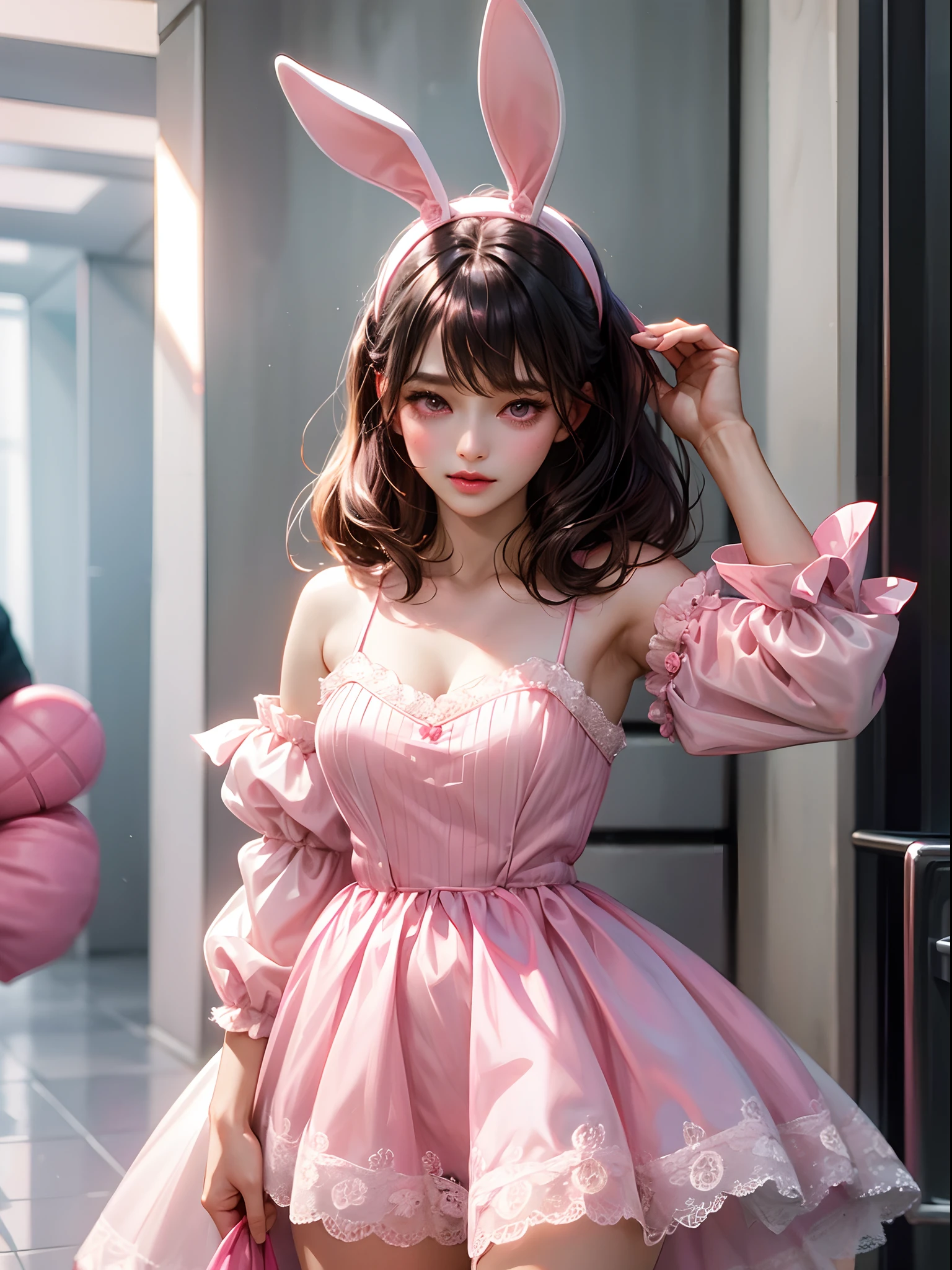 a women, pink bunny ears, black hair, pink eyes, pink dress