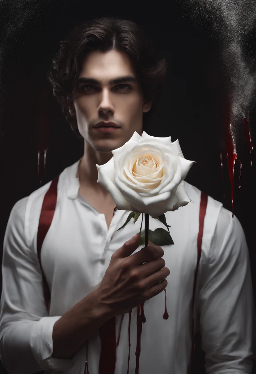 Man holding white rose that was blood dripping from it. He has dark hair and red eyes and the background is white