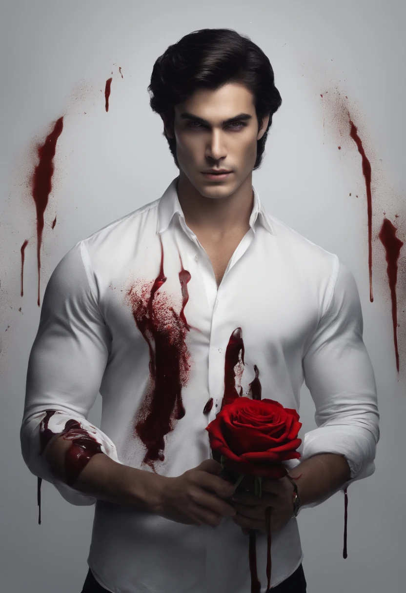 Man holding white rose that was blood dripping from it. He has dark hair and red eyes and the background is white