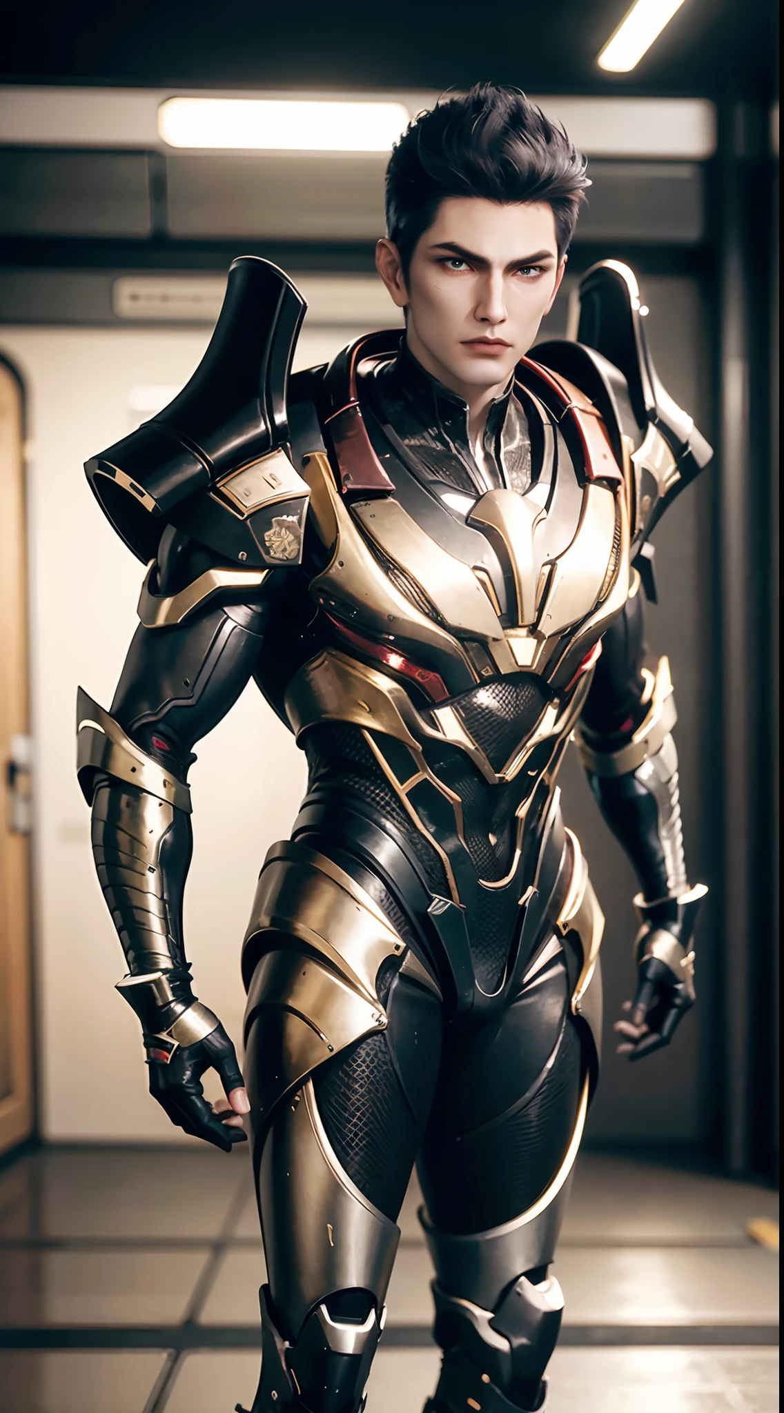 a man in a suit with a futuristic look on his face and chest, with a futuristic helmet on, (1boy:0.630), (black hair:0.728), (golden heavy armor:0.923), (blurry:0.915), (blurry background:0.579), (blurry foreground:0.619), (depth of field:0.771), (letterboxed:0.805), (looking at viewer:0.601), (male focus:0.786), (mecha:0.605), (realistic:0.758), (solo:0.839), (full body:1)