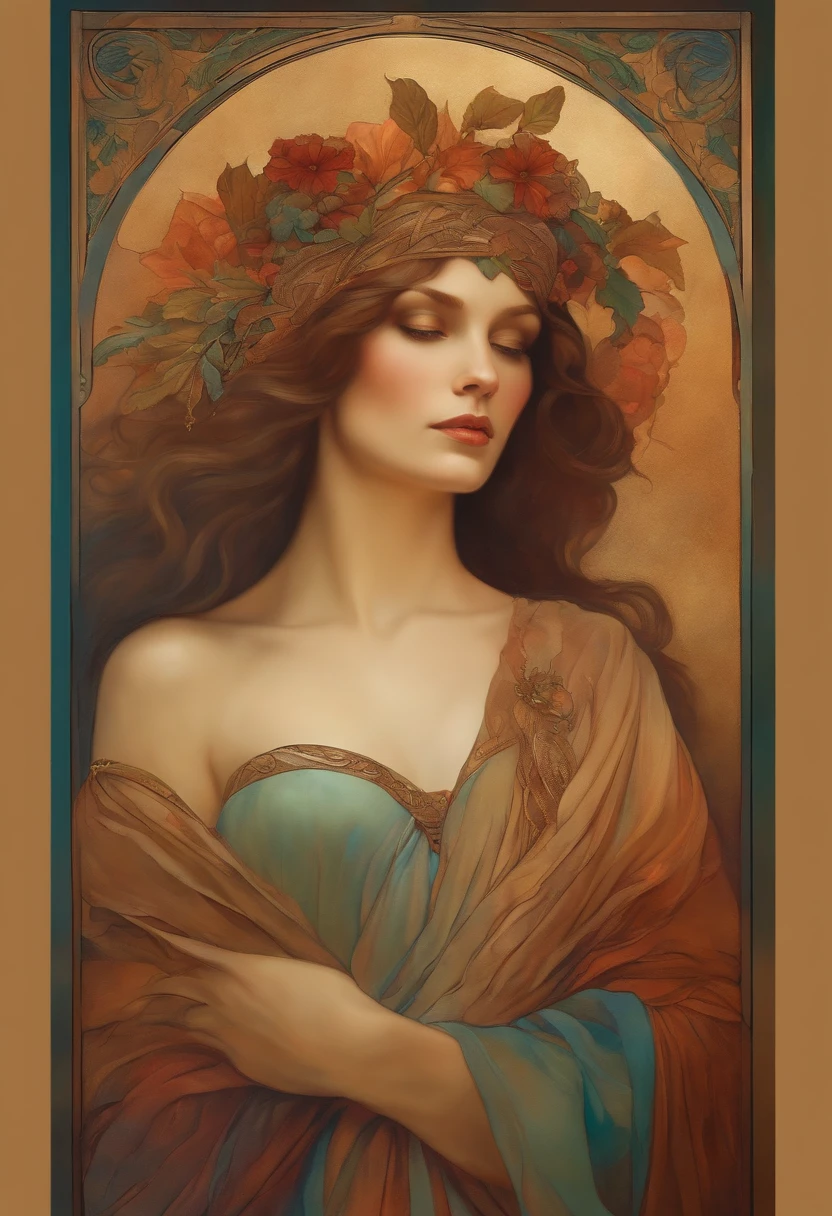 renaissance Mucha-style painting tone Woman wearing see-through cloth