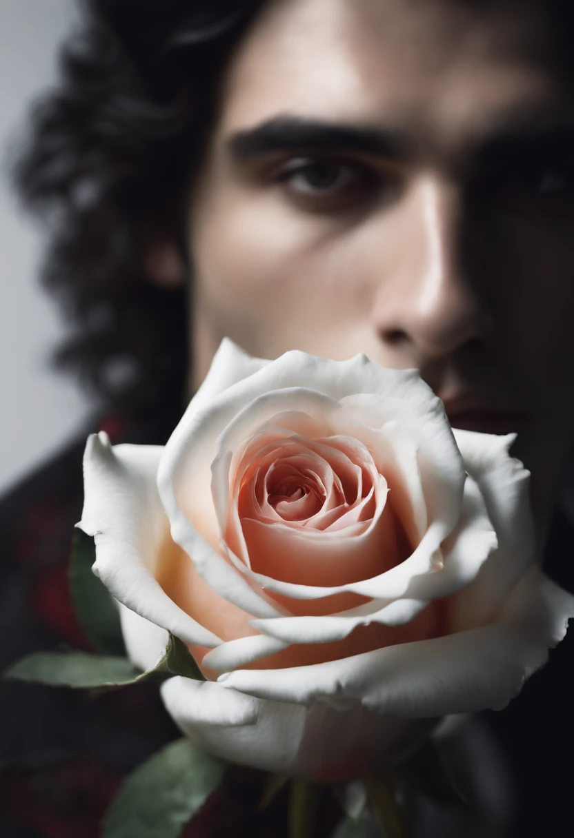 Man holding white rose that was blood dripping from it. He has dark hair and red eyes and the background is white