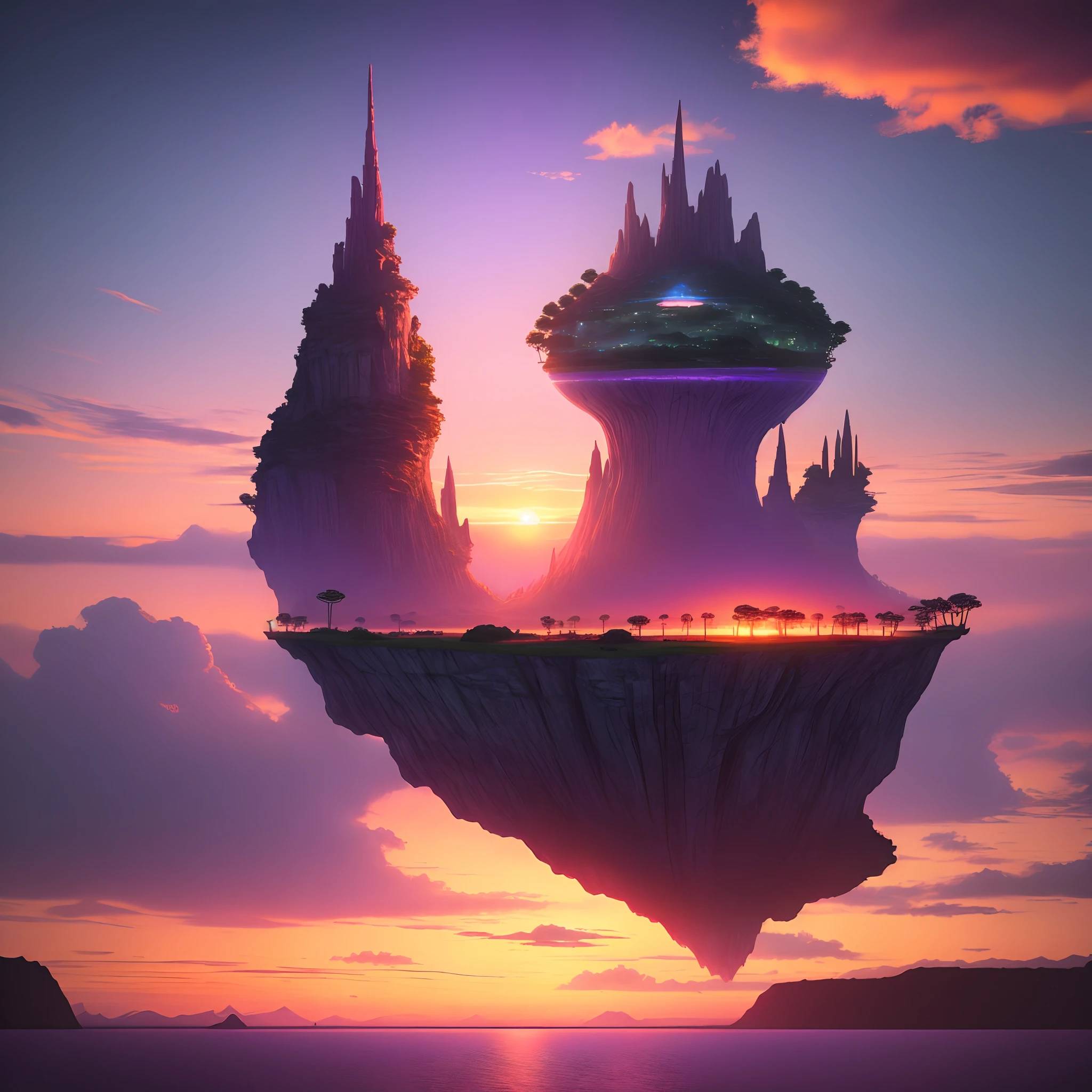 Futuristic alien island with purple sunsets
