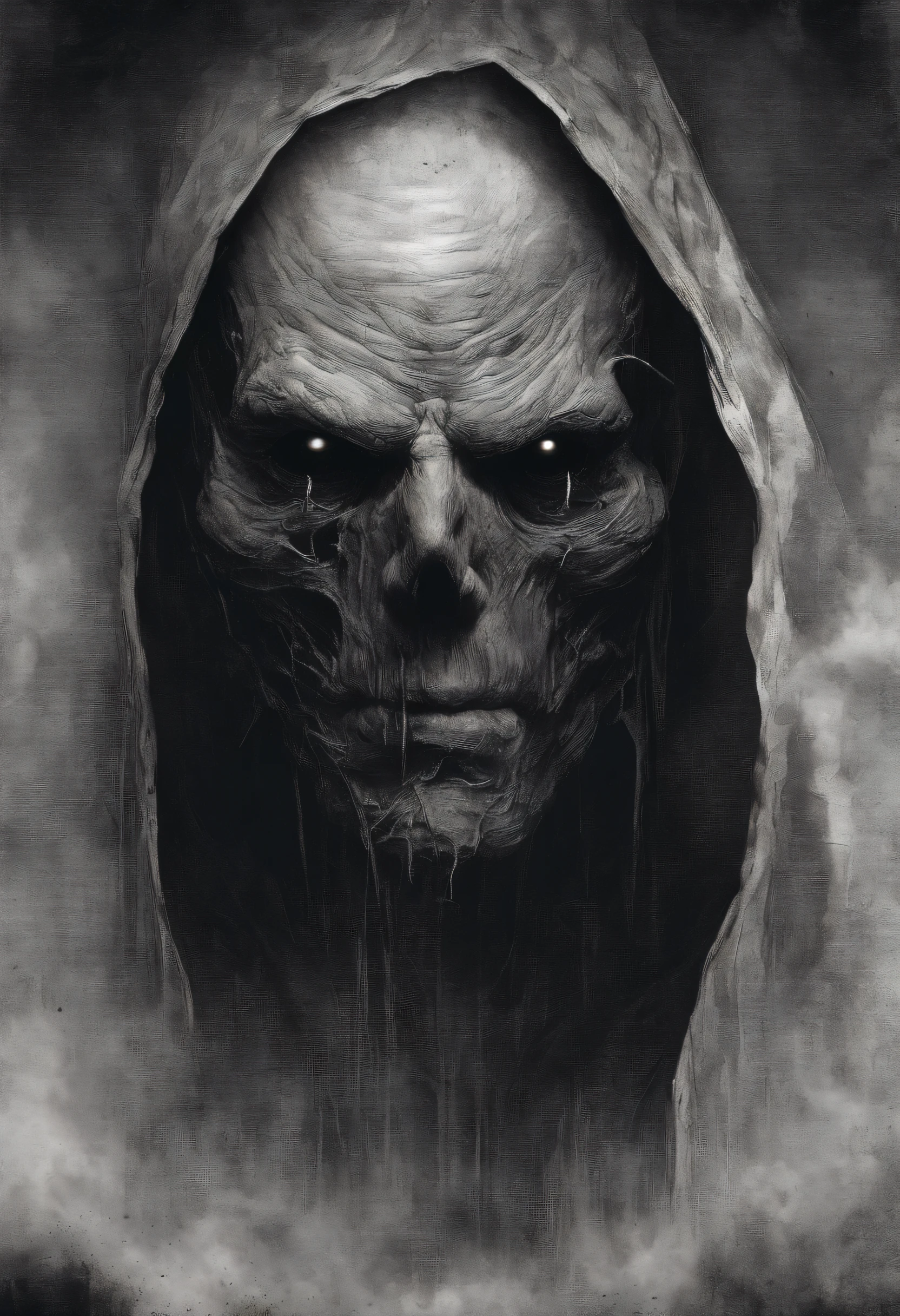 waist up, very old, half of the face deformed and melted, tall, two meters, black aura, scary, dirty, beggar, short gray hair, pale and wrinkled skin, sparse beard, yellowish pupils, hunched posture, penetrating and evil, torn clothes, cloak of raven feathers on the back, body covered with bands and hood, fog, horror, fear, frightening, suspense, mysterious