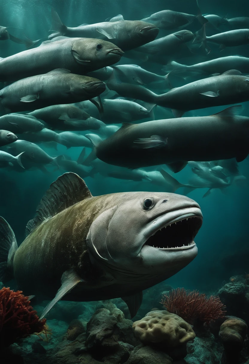 abyssal、silence、View from the submarine window、Strange deep-sea creatures flock to giant white weathered fish carcasses