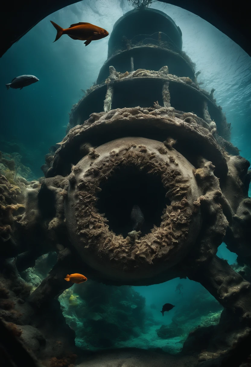 abyssal、silence、View from the submarine window、Strange deep-sea creatures flock to giant white weathered fish carcasses