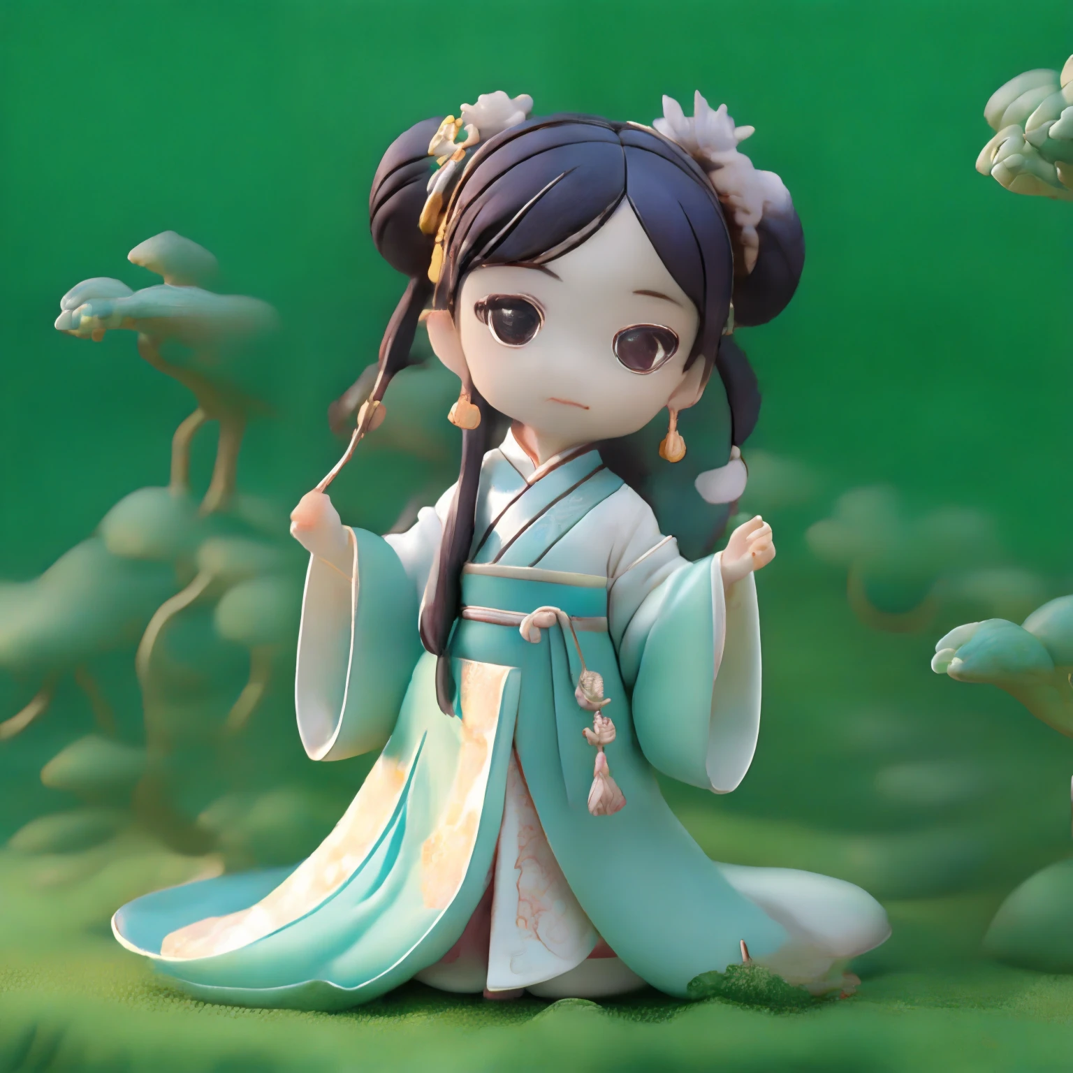 A cute  Chinese girl is made of celadon，Cyan and white，full bodyesbian，Hanfu，Hair Accessories Create full-body 3D models full of elements of ancient Chinese culture， Charming and moving，claymaterial，delicate glow，Blander，C4D，Popular supermarkets，looking at viewert，bored pose， 8K