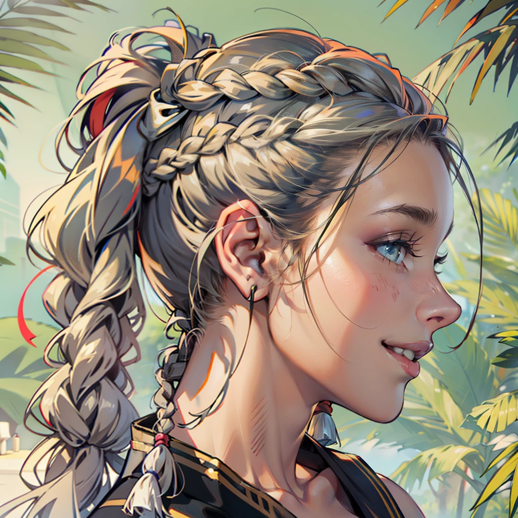 Qualidade Superior, alta qualidade de imagem, master part, cabelos grisalhos, olhos dourados, roupas brancas, Olhando para cima, parte superior do corpo, fios de cabelo, pele clara, Side braids, sorridente, Dentes Duplos