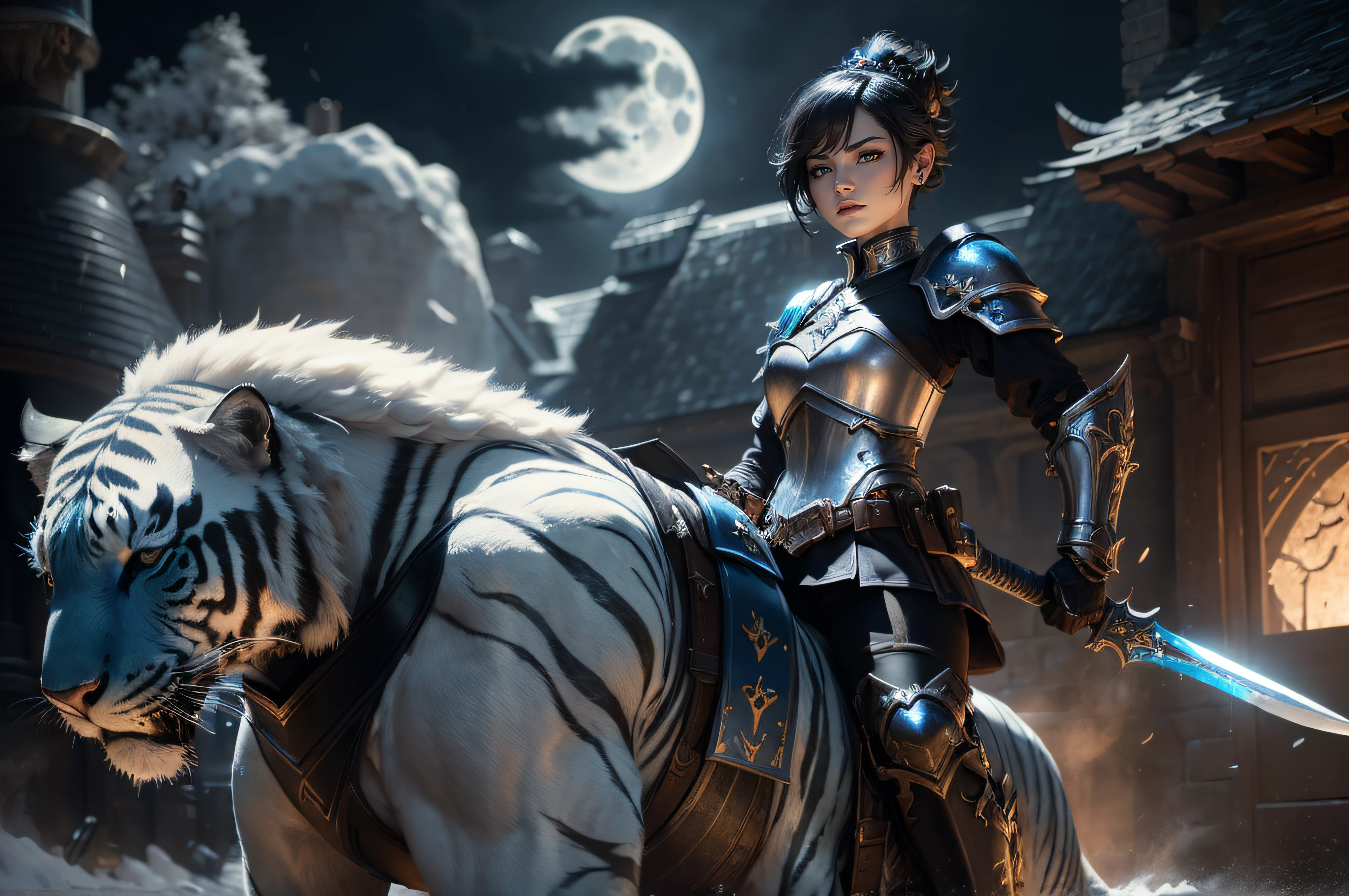 (Best quality, 4k, Masterpiece :1.3), luna from dota 2,short black hair, full metal armor, sexy, beautiful angry face, riding a (((fantasy))) blue white tiger with blade in her hand, under the moon (((in the battlefield))).