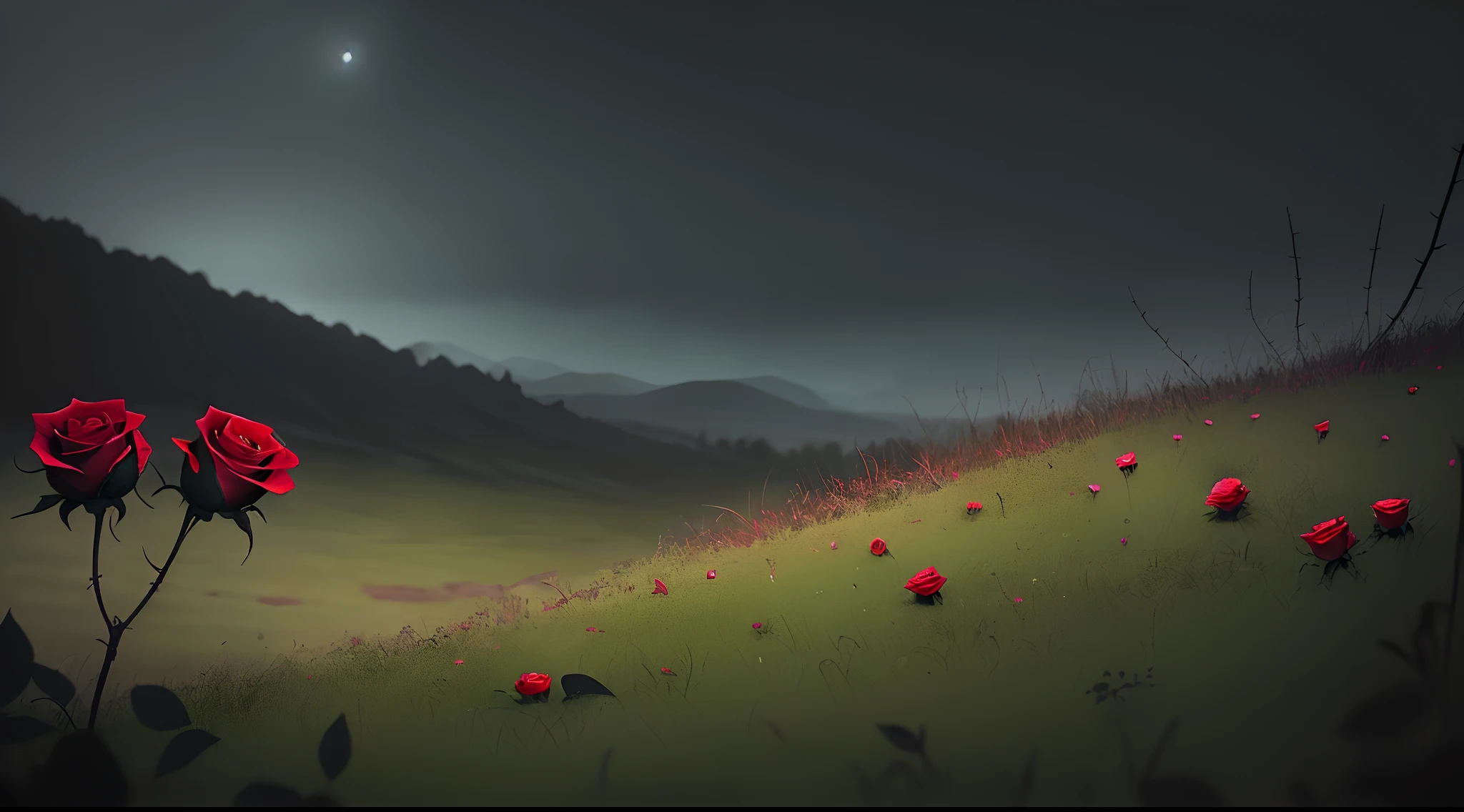 Seen from a far away angle, a singular red rose on a hill, pitch black night no stars in the sky. The rose is dark and has thorns creeping up each leaf on it and the grass around it becomes bloody, almost like an eerie scene in a movie.