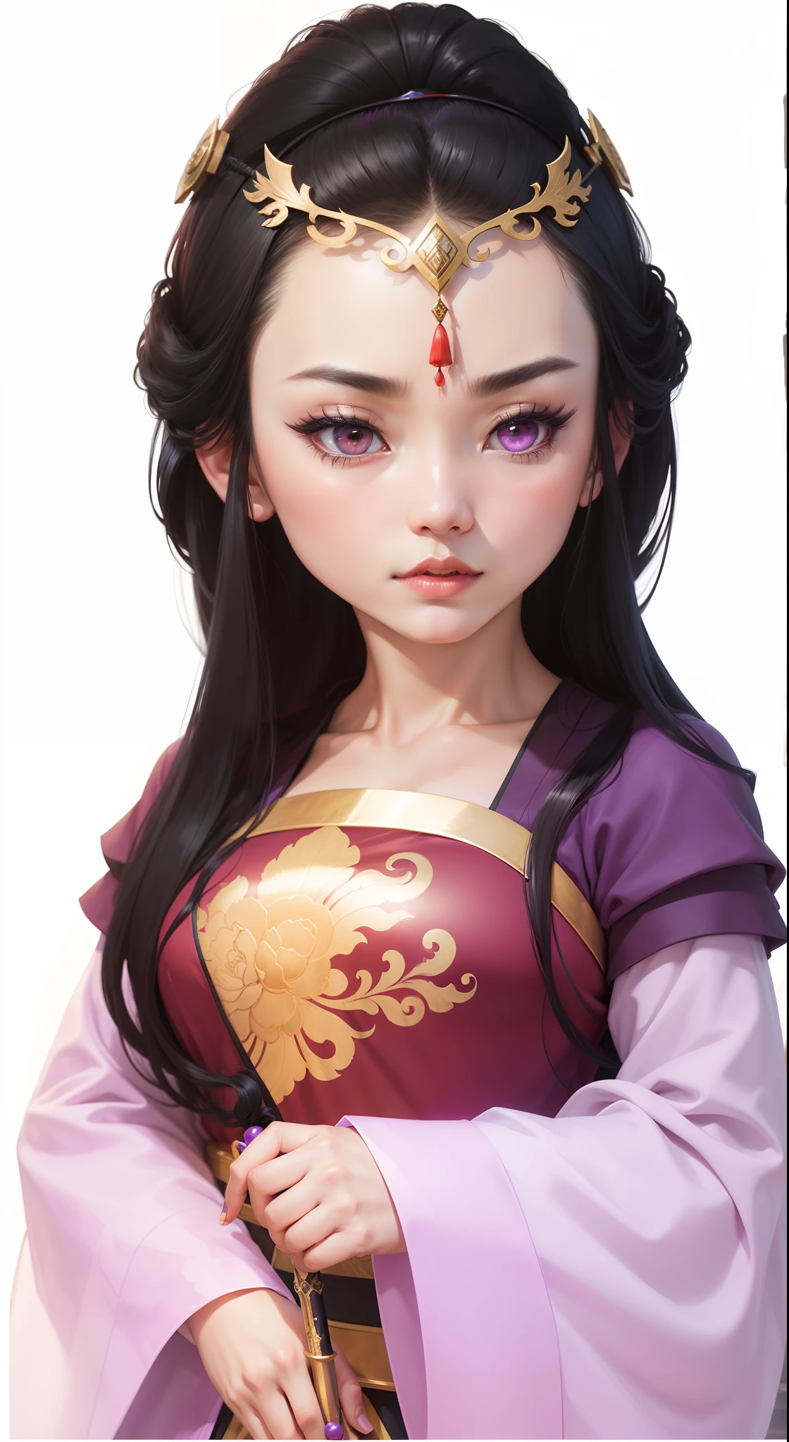 Masterpiece, Black color hair,Purple skirt,big beatiful eyes,Cartoony, Redlip, Forehead decoration, Best, Night, full moon, 1 female, Mature woman, Chinese style, Ancient China, sister, Royal Sister, Cold face, Expressionless, Woman with long black hair, Light pink lips, calm, Intellectual, Three bangs, With gray eyes, assassins, Long sword, swordsman, Fighting, Street view, Facial details, Perfect body, Beautiful body