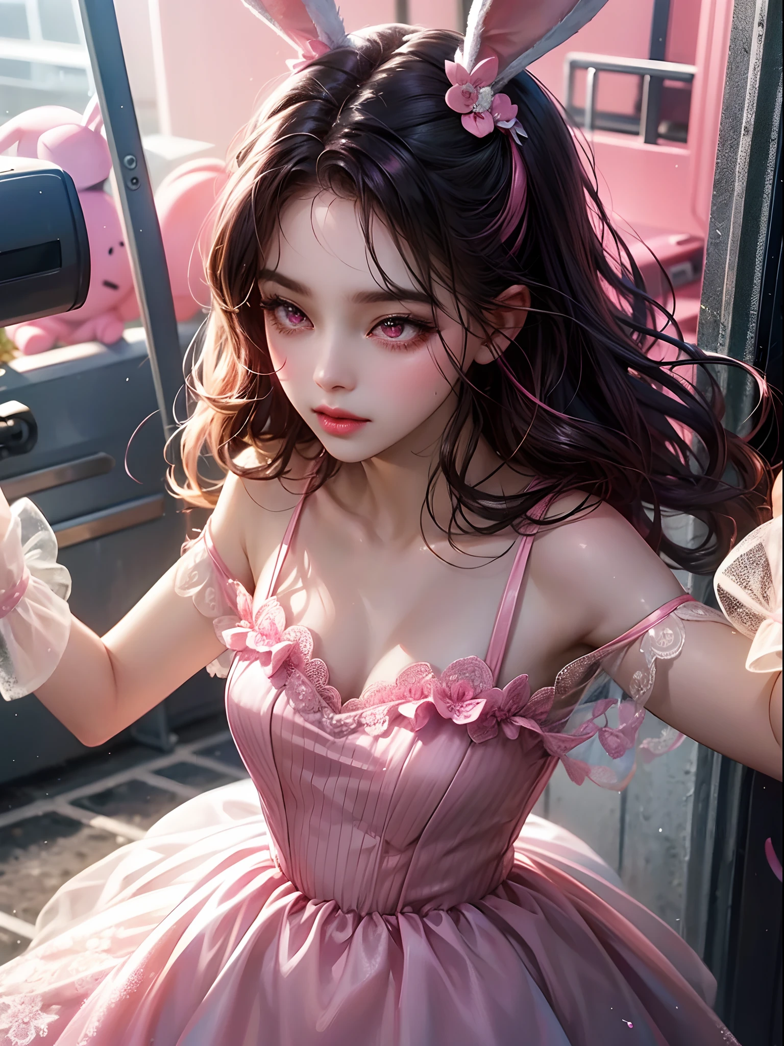 a women, pink bunny ears, black hair, pink eyes, pink dress