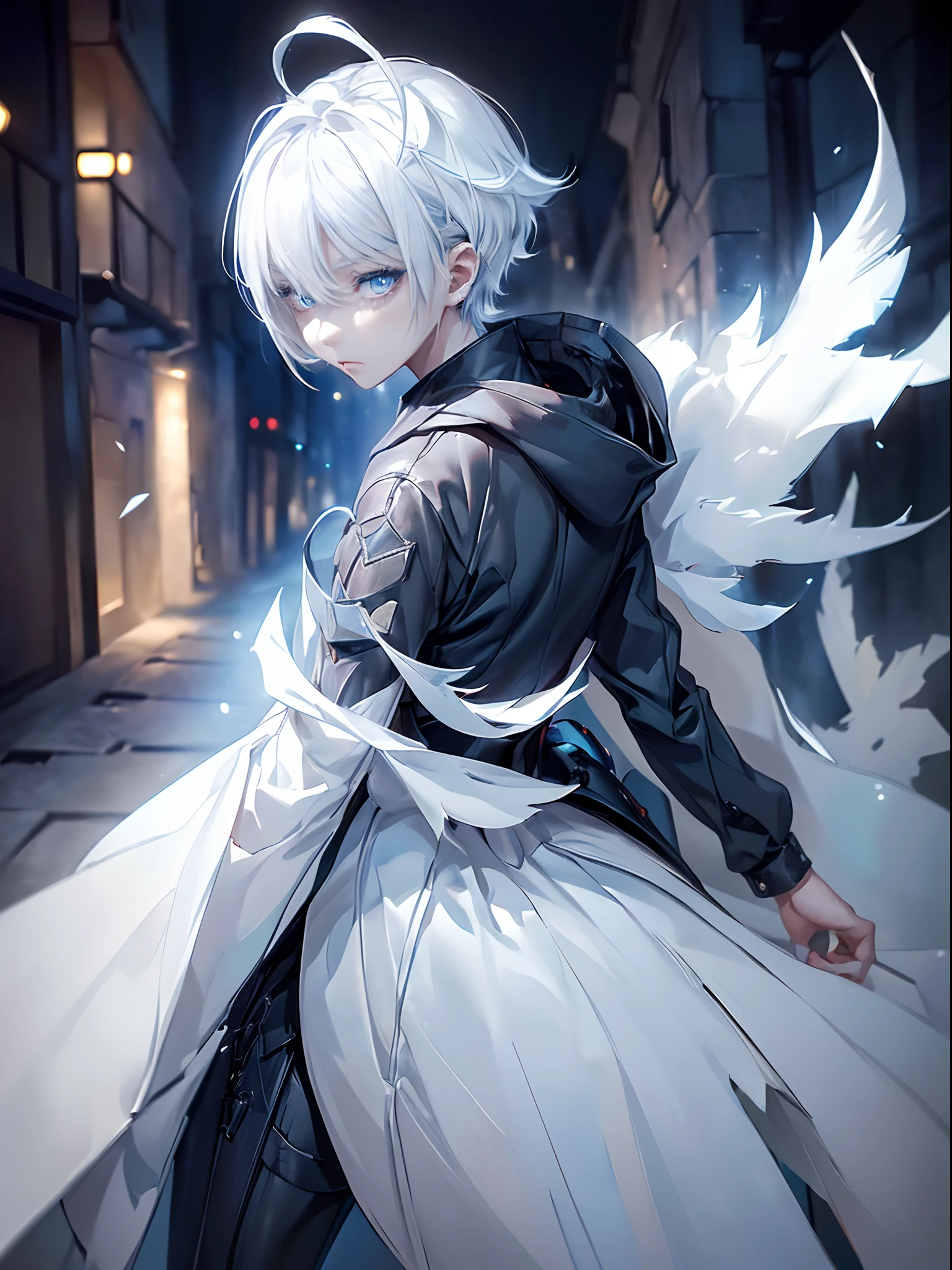 (((killua zoldyck))) White hair,short hair,blue eyes , blue shirt ,full body ,Graceful body,hot,shyly, fascinated by,bedroom ,sexy, cute , short clothes, exhaustion, A person above him, He looks at me and smiles, Ah,2boy,black hair,black skin