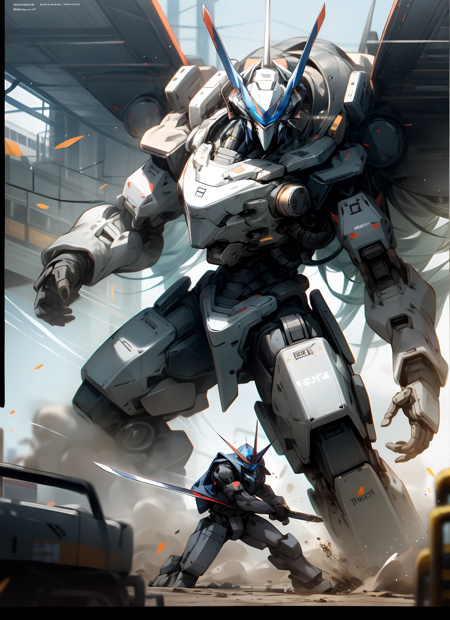 Tall robot with a sword fights a huge robot in front of him