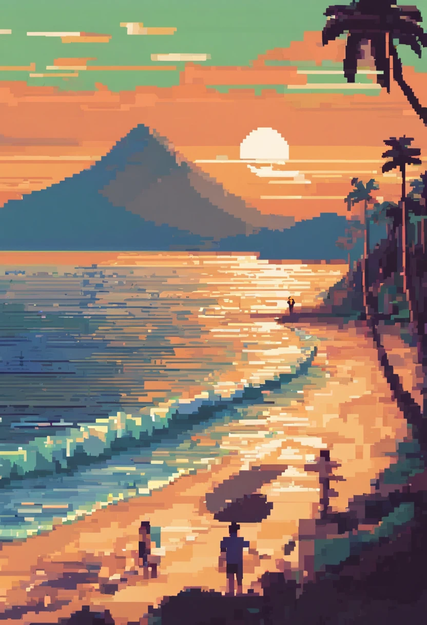 Surfers and Maresias Beach in Brazil at sunset